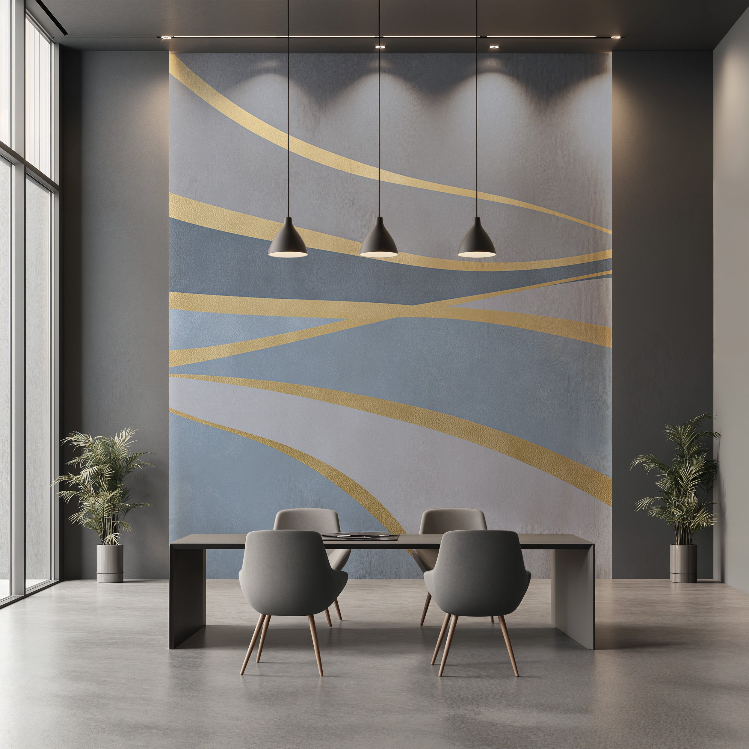 Abstract mural with flowing gold lines on blue grey background in a modern dining room setting with a sleek table and gray ch
