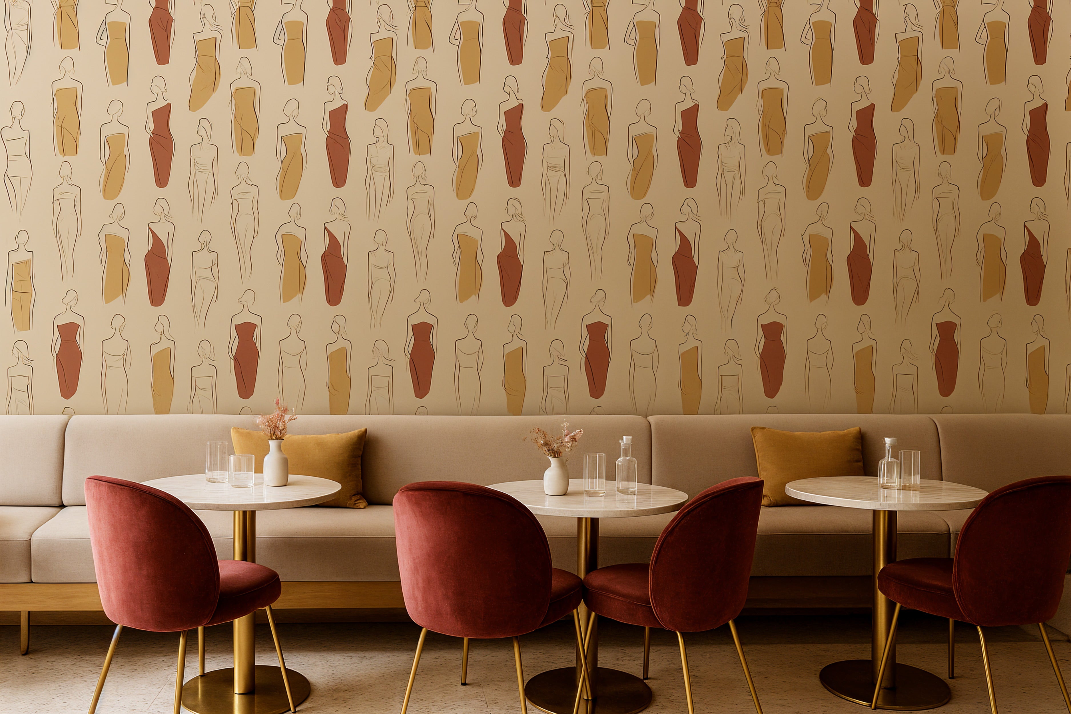 Removable abstract art fashion figure wallpaper with warm terracotta and dusty rose silhouettes on a cream backdrop in a chic