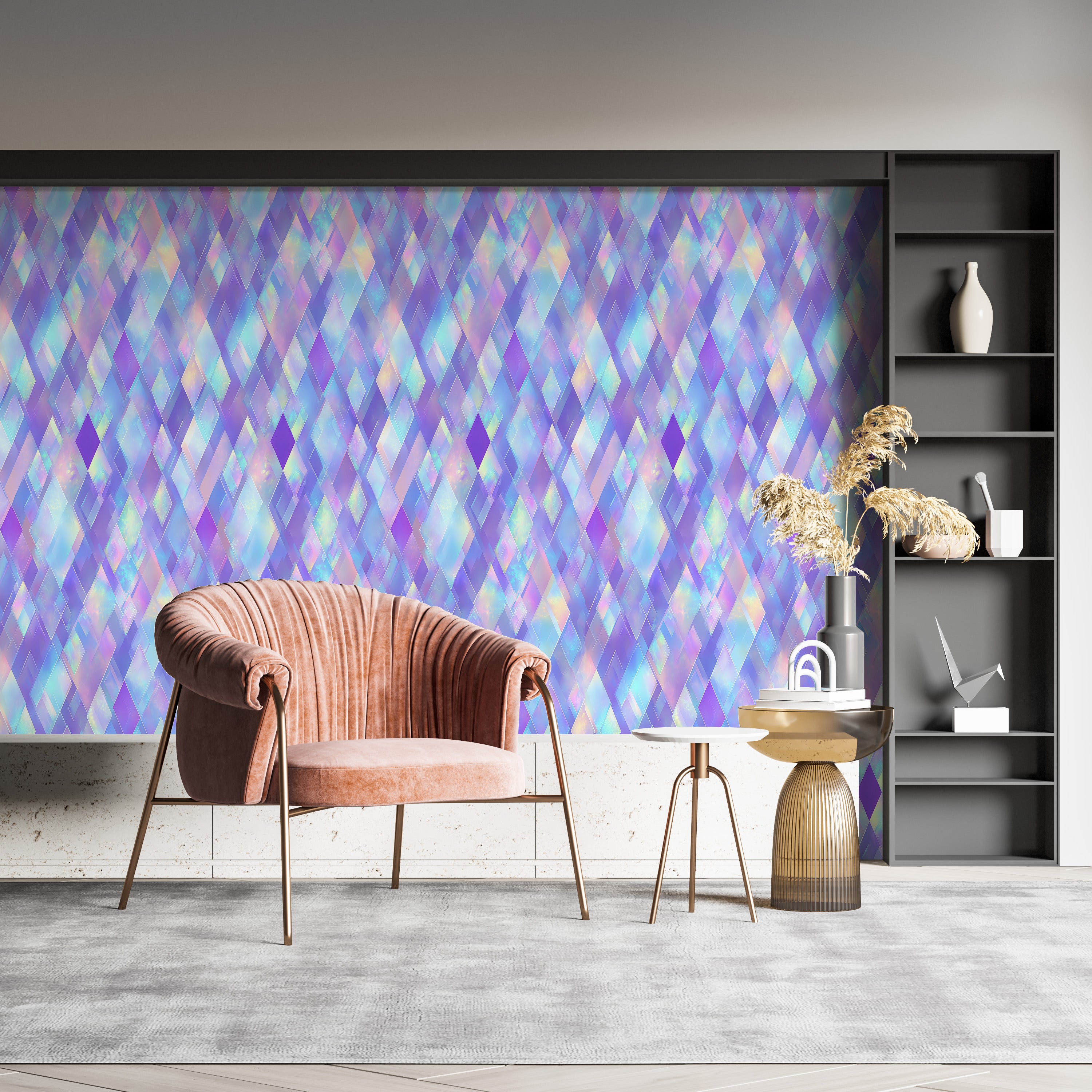 Holographic diamond wallpaper in purple blue pink with iridescent geometric pattern, peel and stick ambience in a modern livi