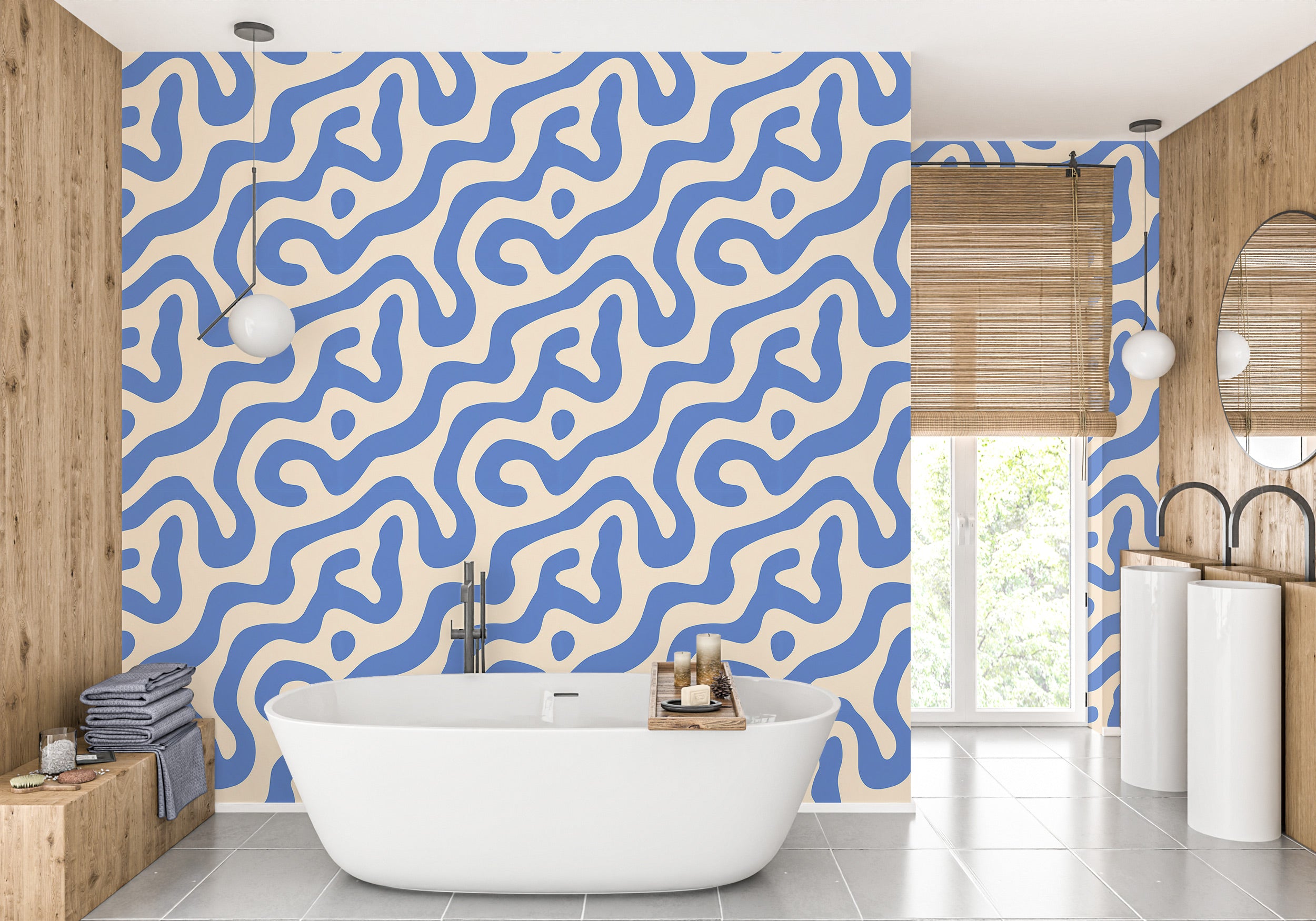 Removable blue beige abstract swirl wallpaper shown in a modern bathroom with a freestanding tub and wood accents
