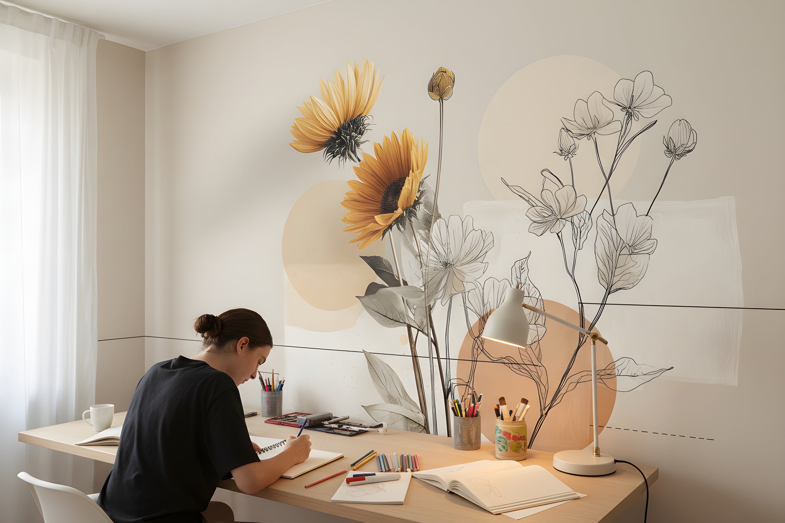 Abstract floral mural with orange sunflowers and line-drawn wildflowers on a beige neutral wall, workspace with drawing desk and lamp