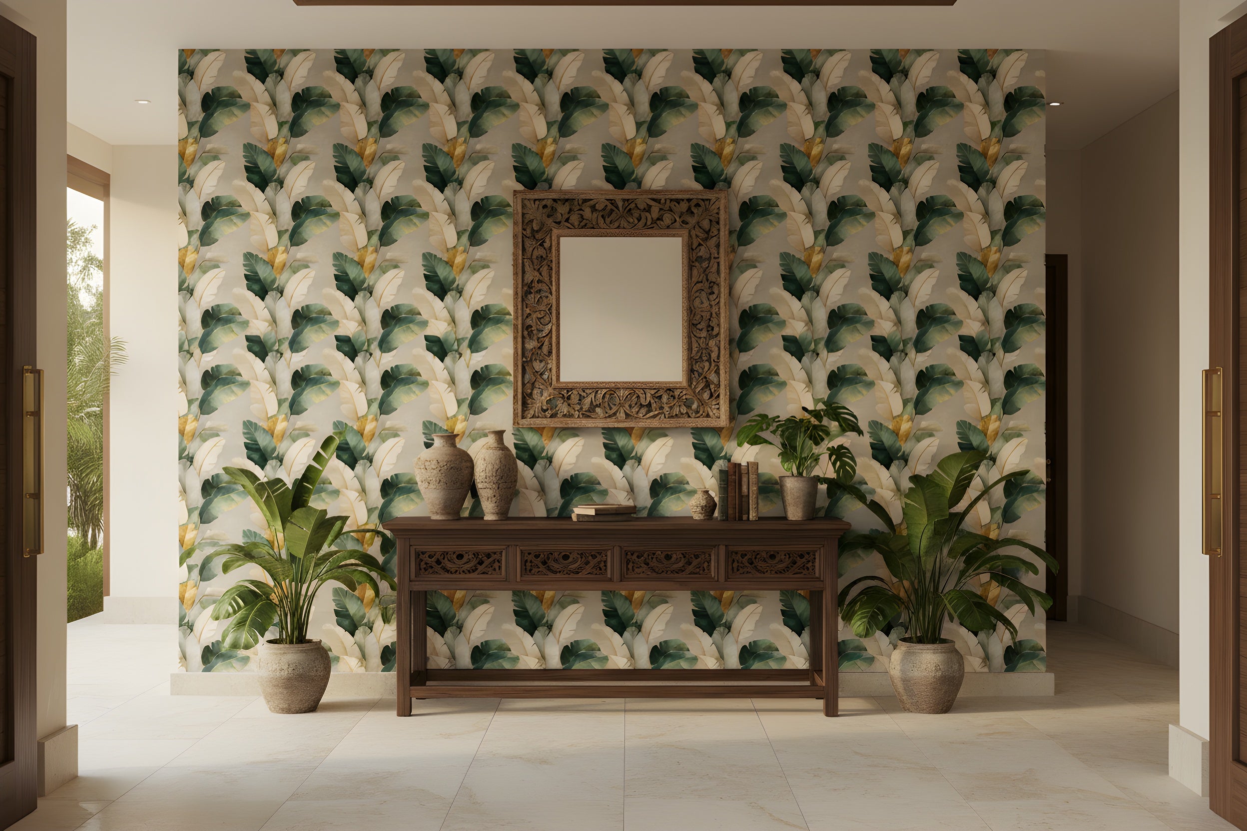 Tropical leaves wallpaper with green and gold accents in a stylish entryway featuring a carved wooden console, decorative vases, and lush potted