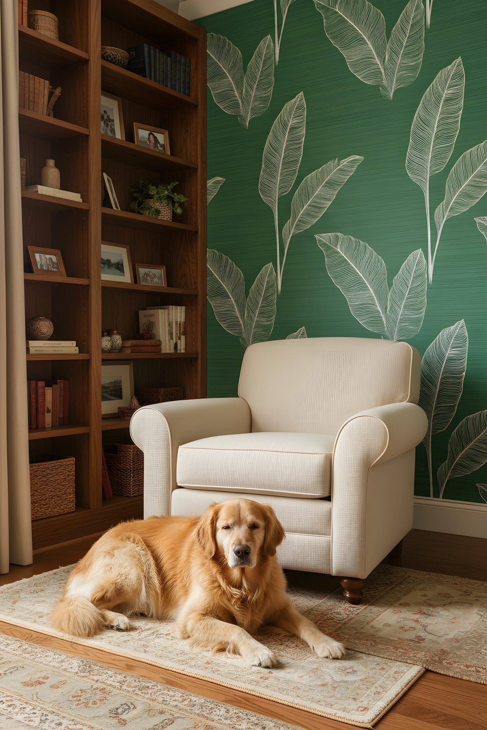 A cozy living room corner with emerald green tropical leaf wallpaper featuring white line art, paired with a beige chair and warm wooden shelves, a