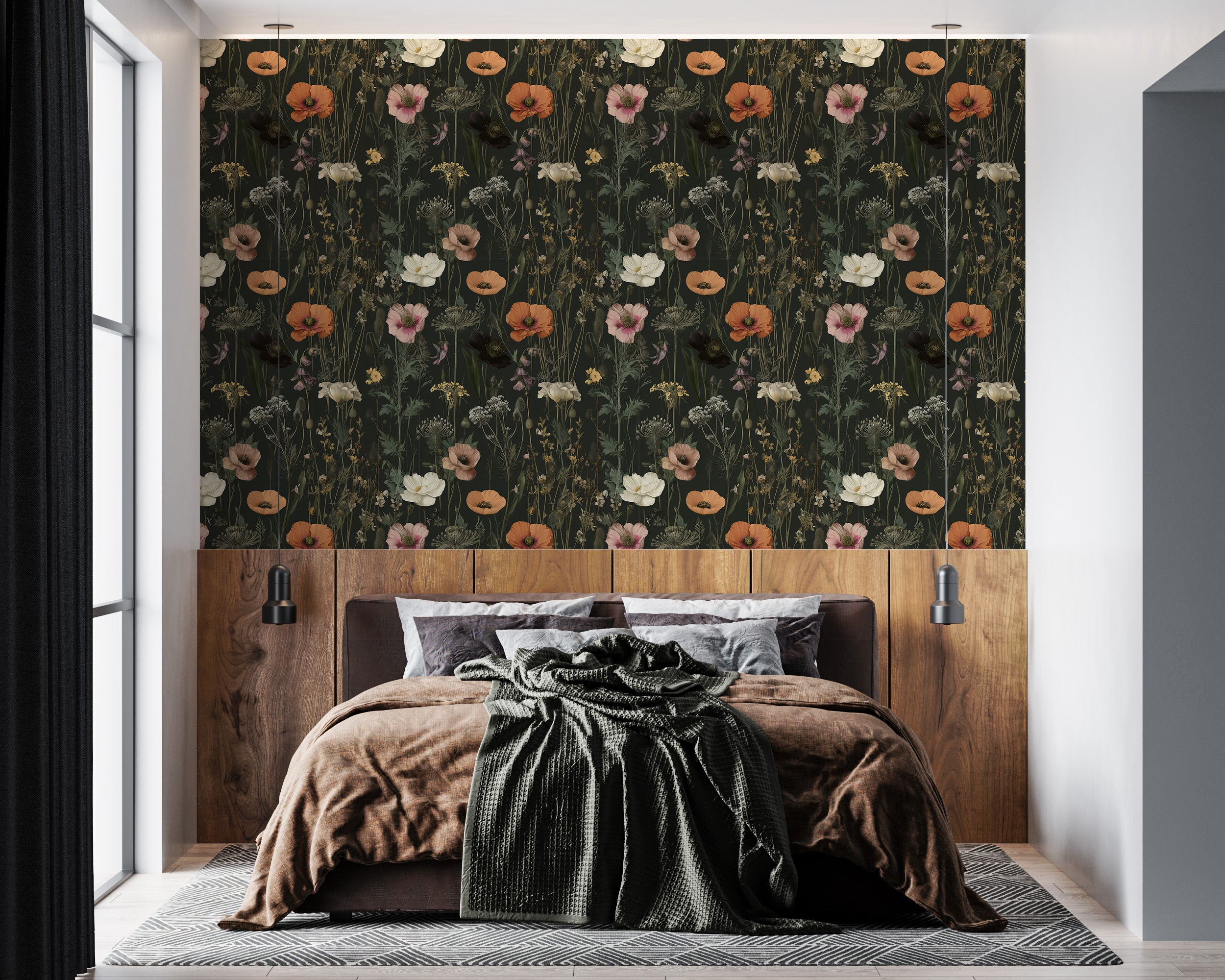 Dark floral wallpaper with orange, pink, and white blooms against a deep green backdrop in a bedroom setting with wooden head