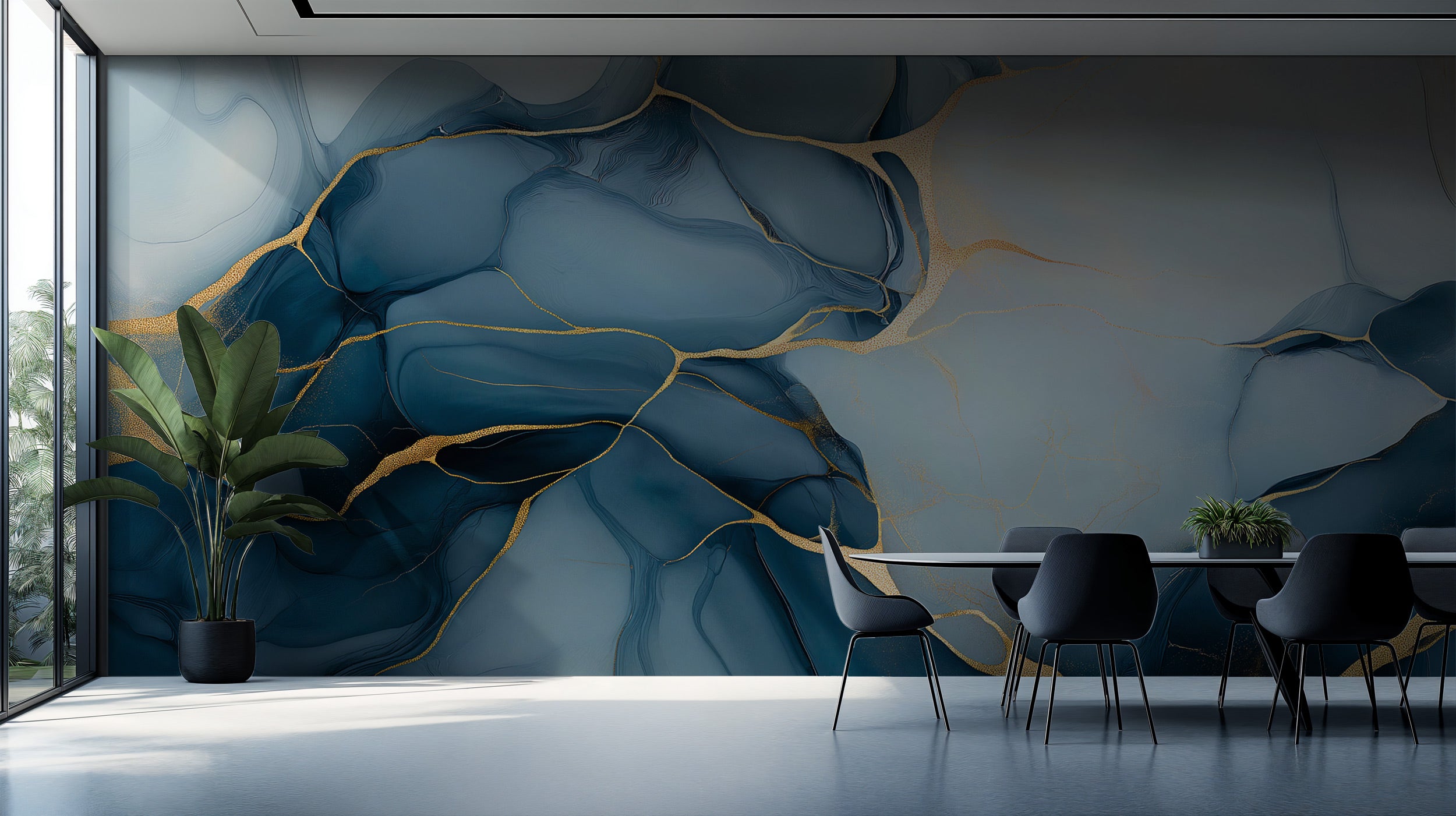 Blue abstract marble mural with gold veining in a modern dining room, deep blues and gold accents on a feature wall with a sl