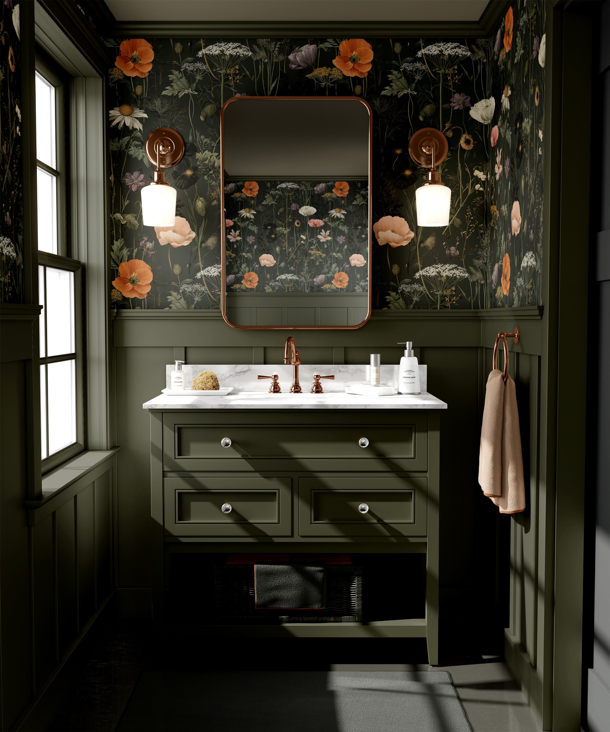 Dark green botanical bathroom with a marble countertop vanity, copper fixtures, floral wallpaper, and a rectangular mirror fl