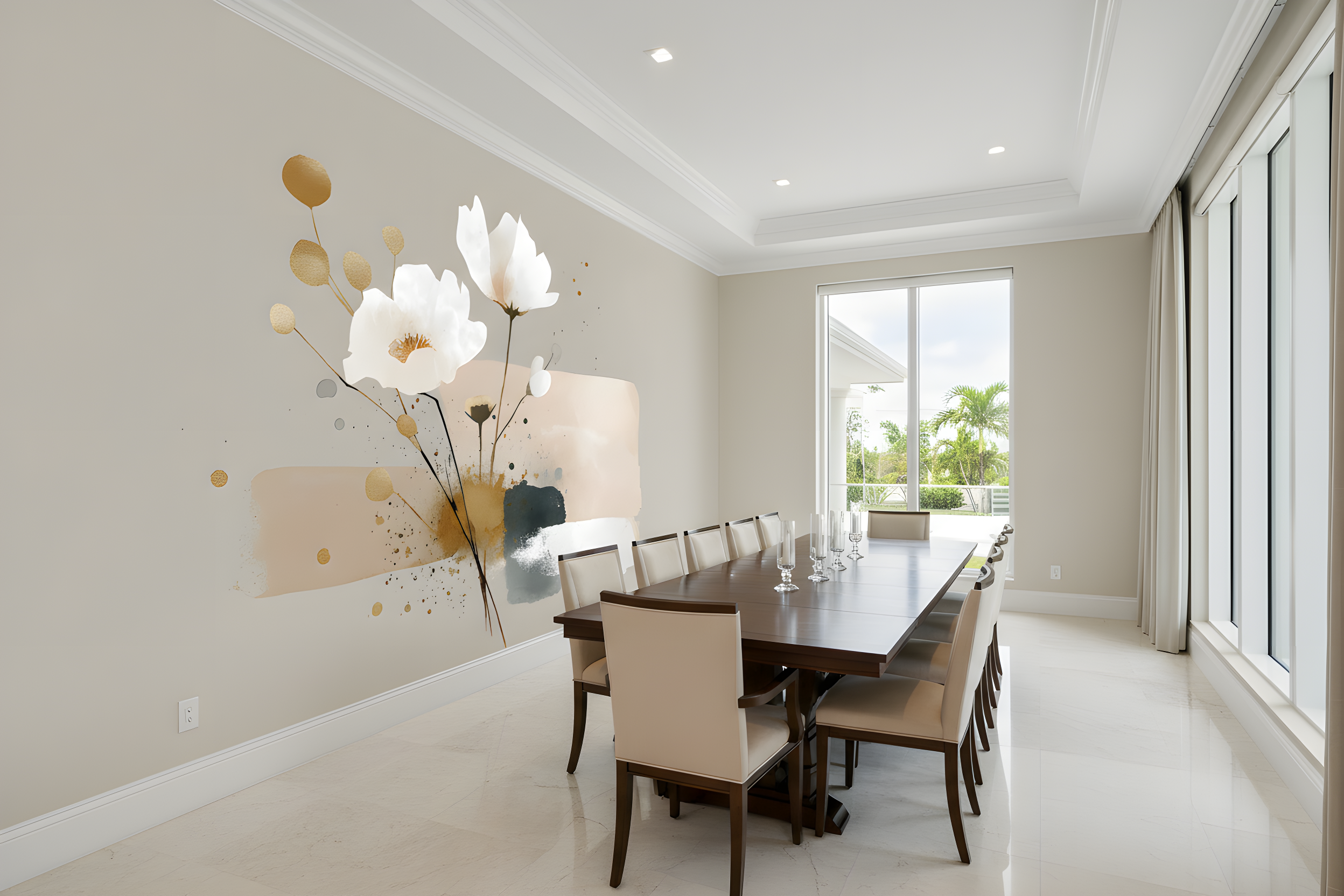 A modern dining room with a large abstract floral mural featuring white cosmos flowers and gold, beige, teal watercolor accents on the wall