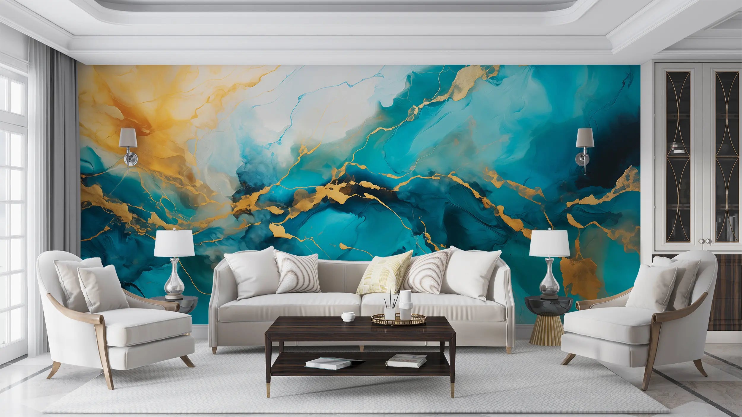 Alcohol Ink Teal and Gold Peel and Stick mural for Living Rooms