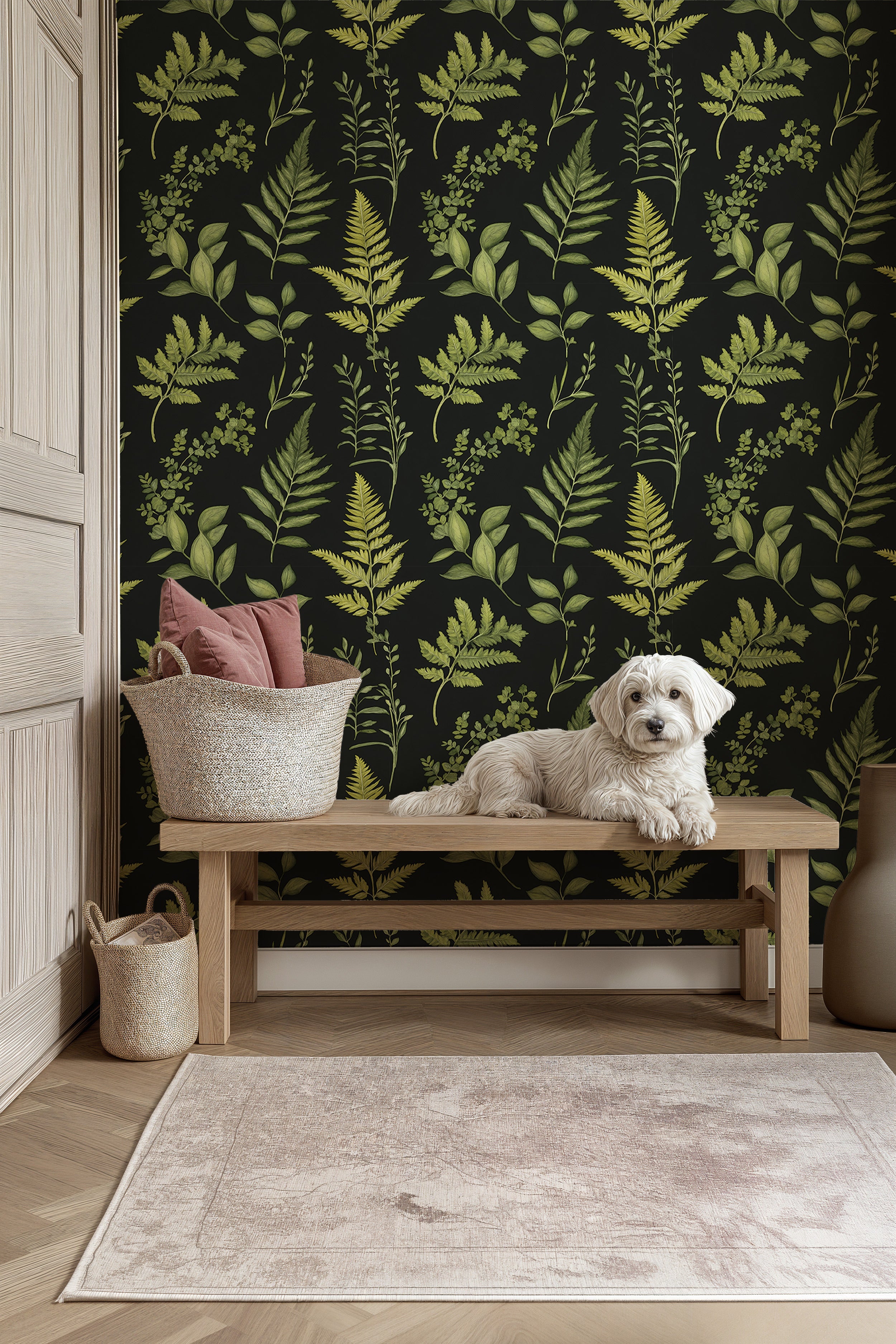 Luxurious black fern wallpaper with green botanical leaves in a cozy entry nook featuring a wooden bench, dog, baskets, and n