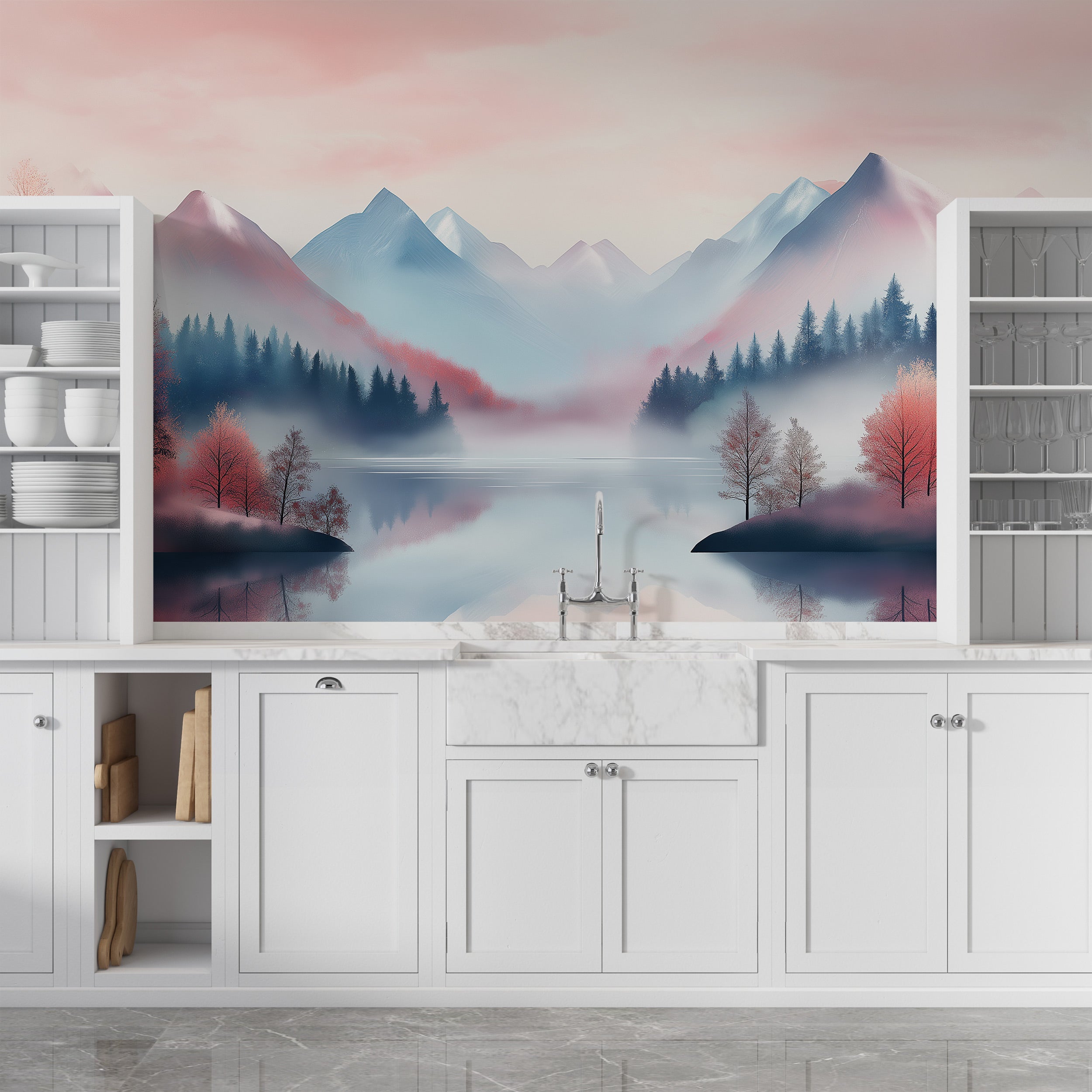 Serene mountain lake mural with pastel pink-blue mountains, misty reflections, autumn trees, and a tranquil water scene behin