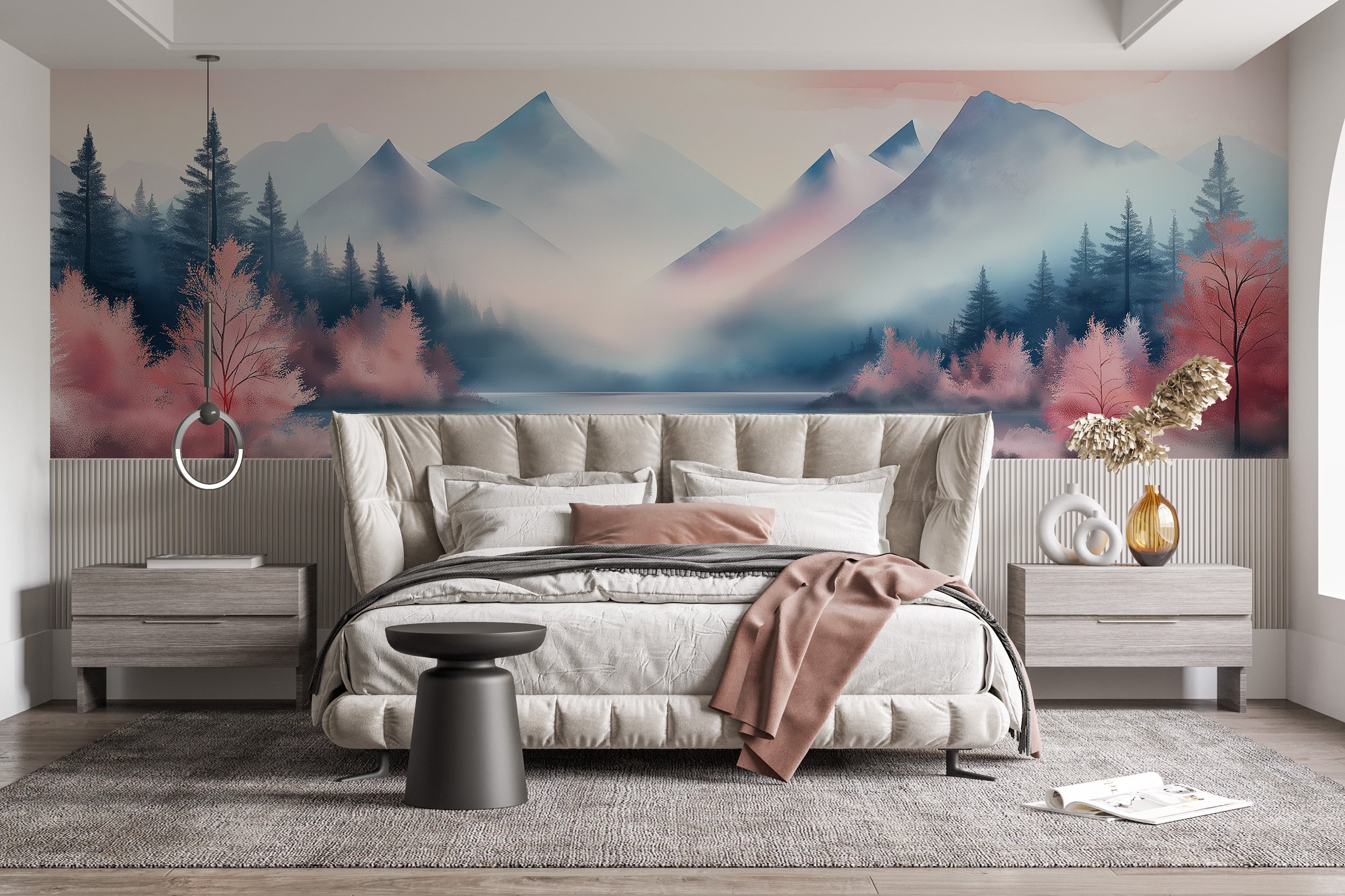 Pink mountain lake mural in a serene living room with watercolor pink trees and blue-gray peaks reflections on calm water, se