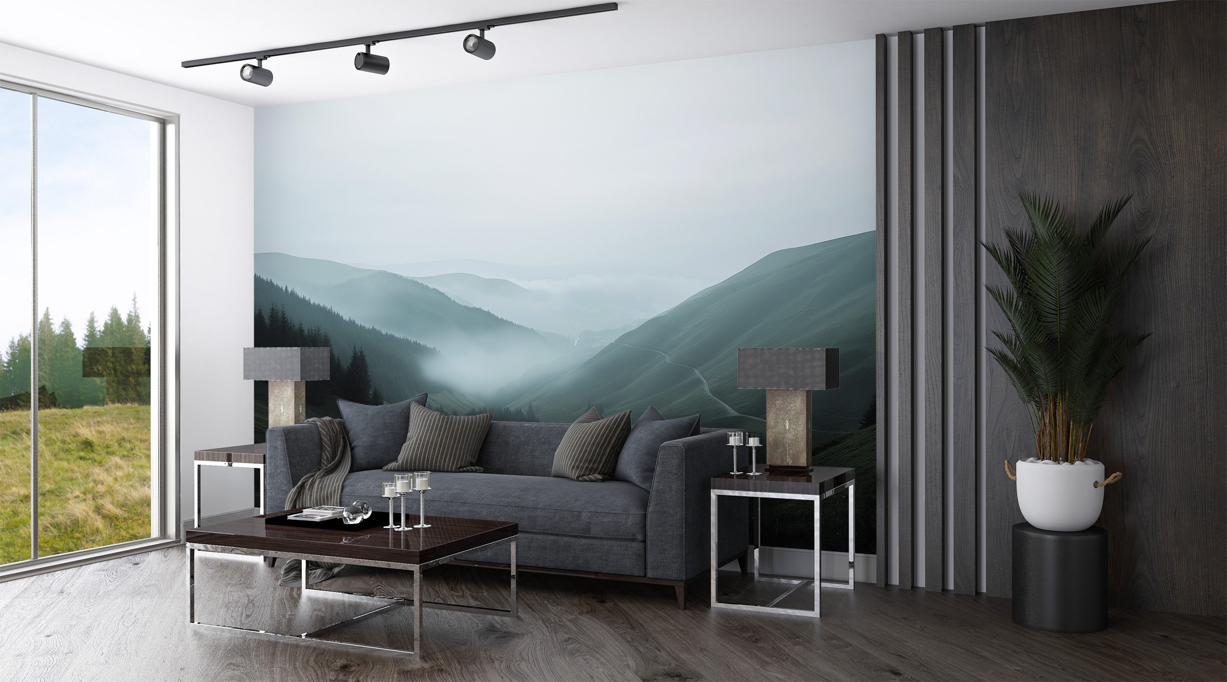 Mistzy Misty Mountain Valley mural in a modern living room with green rolling hills, fog, and a gray sofa setting