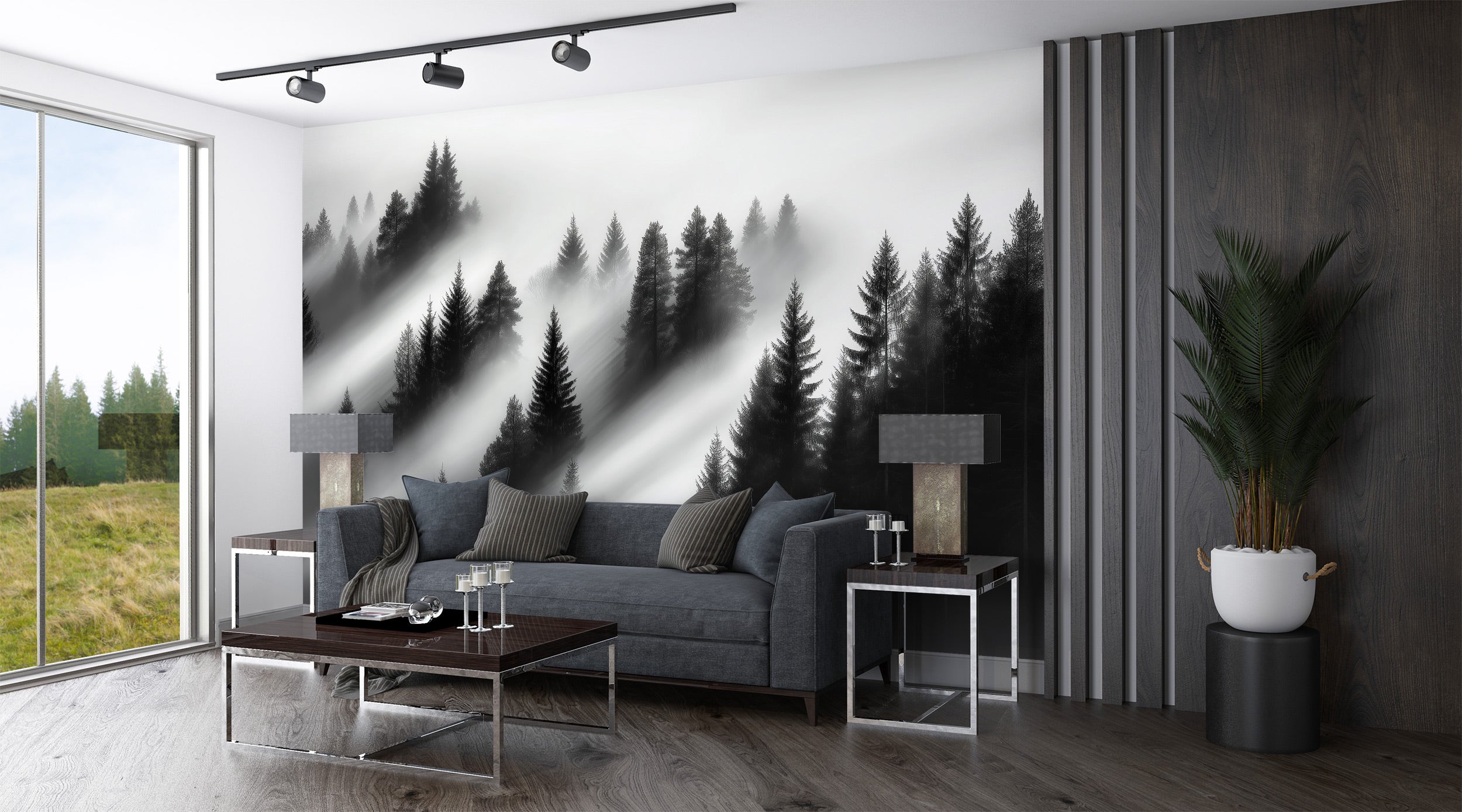 Misty forest mural in a modern living room featuring black and white evergreen trees, foggy atmosphere, charcoal sofa, and sl