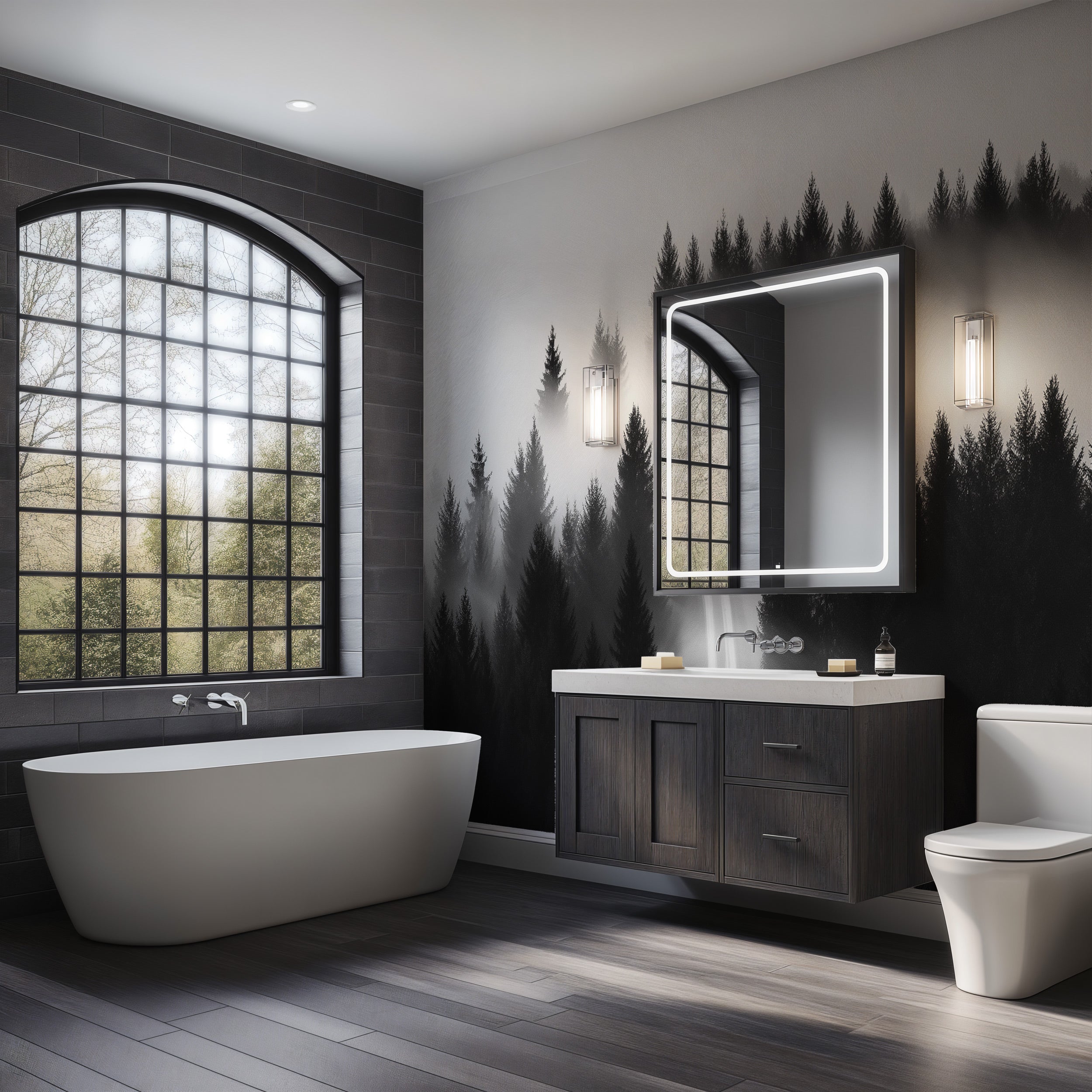 Misty forest road mural in a modern bathroom with black white palette, foggy trees wall art behind a sleek vanity and bathtub