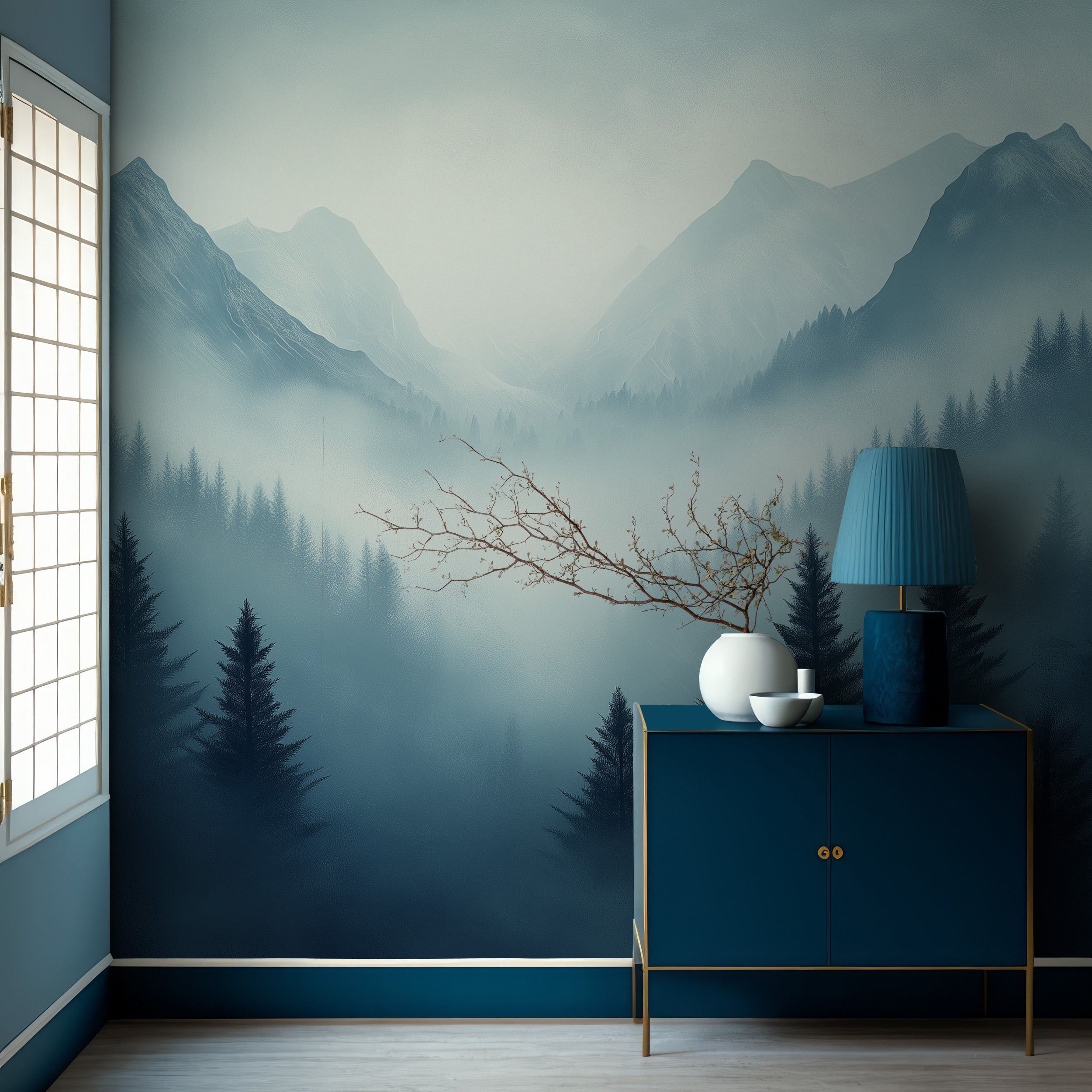 Tranquil misty blue mountain forest mural with evergreen silhouettes, fog, and a teal cabinet scene in a serene bedroom setti