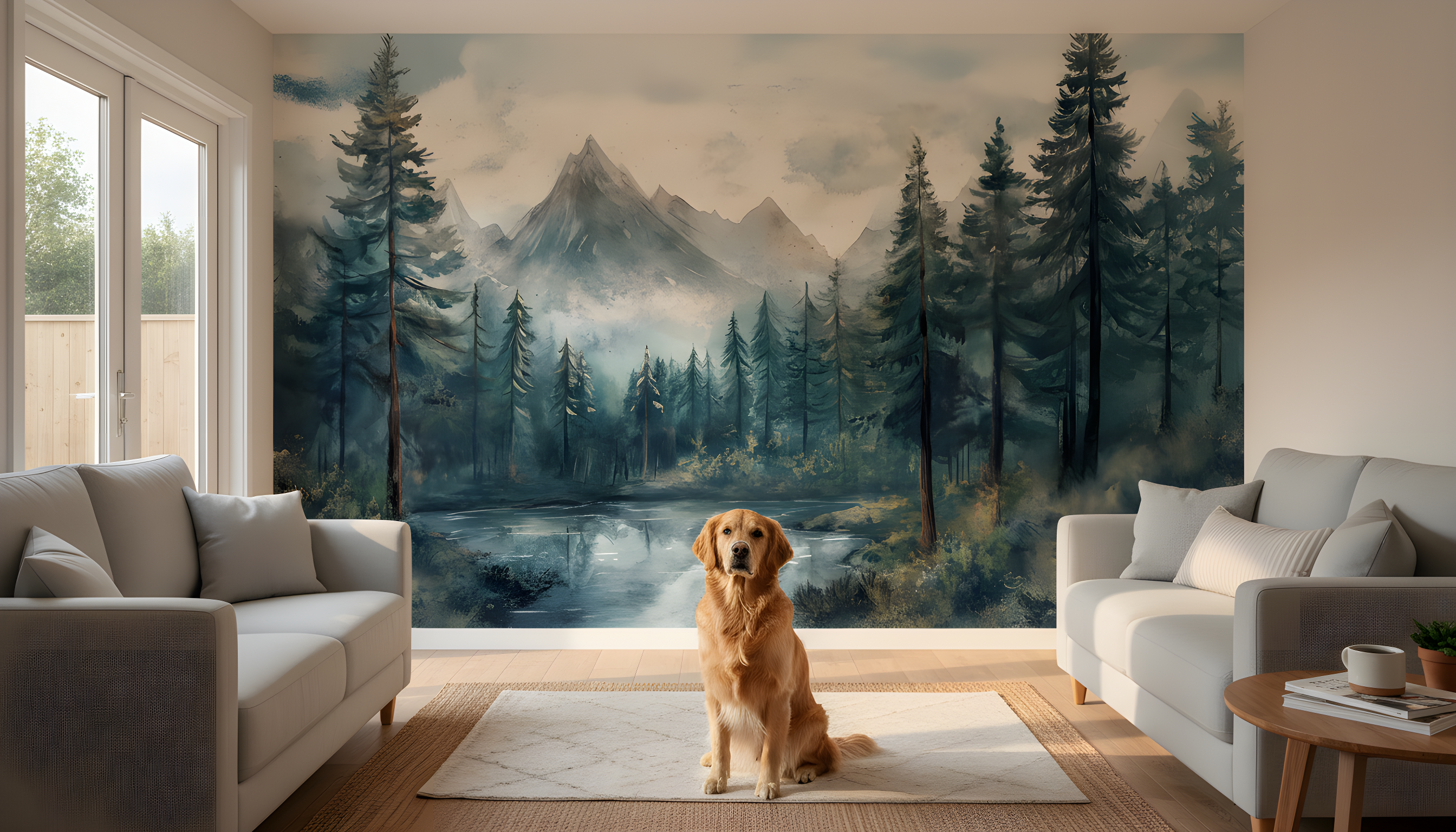 Watercolor mountain forest mural featuring tall evergreen trees, misty peaks, a reflective lake, and a golden retriever sitting on a rug in a bright