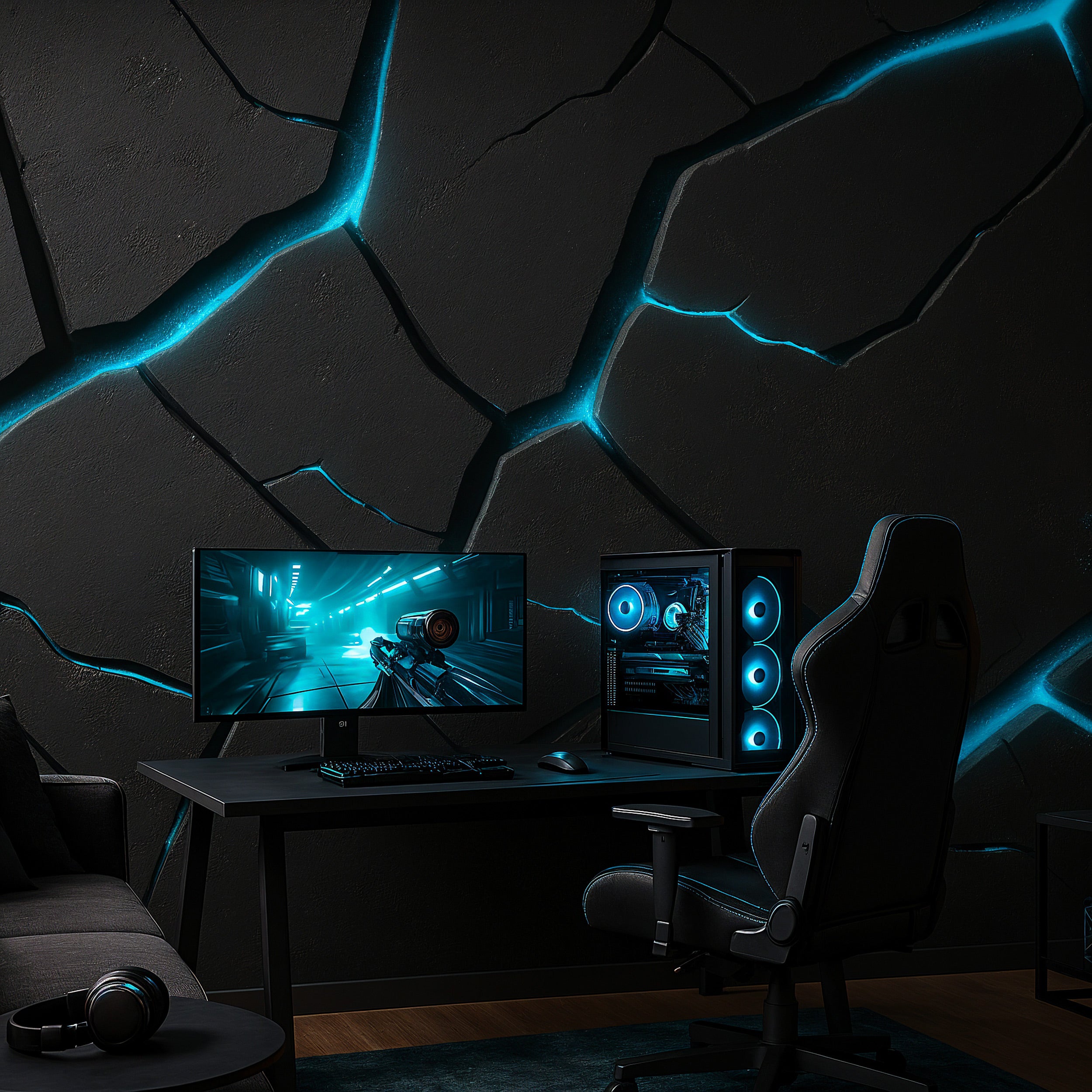Cracked stone mural wall with cyan glow lines behind a modern gaming setup featuring a widescreen monitor, a blue-lit PC towe