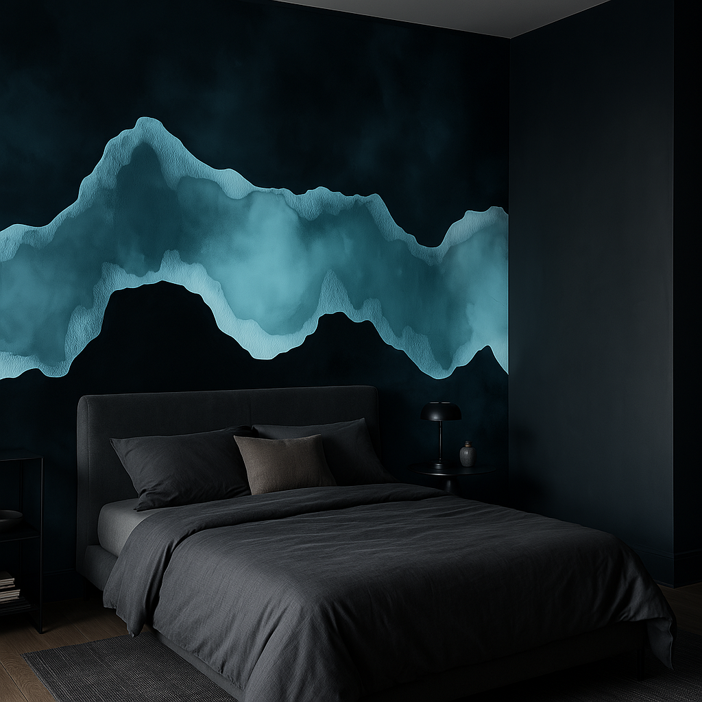 Abstract teal mountain mural in a dark navy bedroom, futuristic wall art peel and stick, serene landscape with misty peaks be