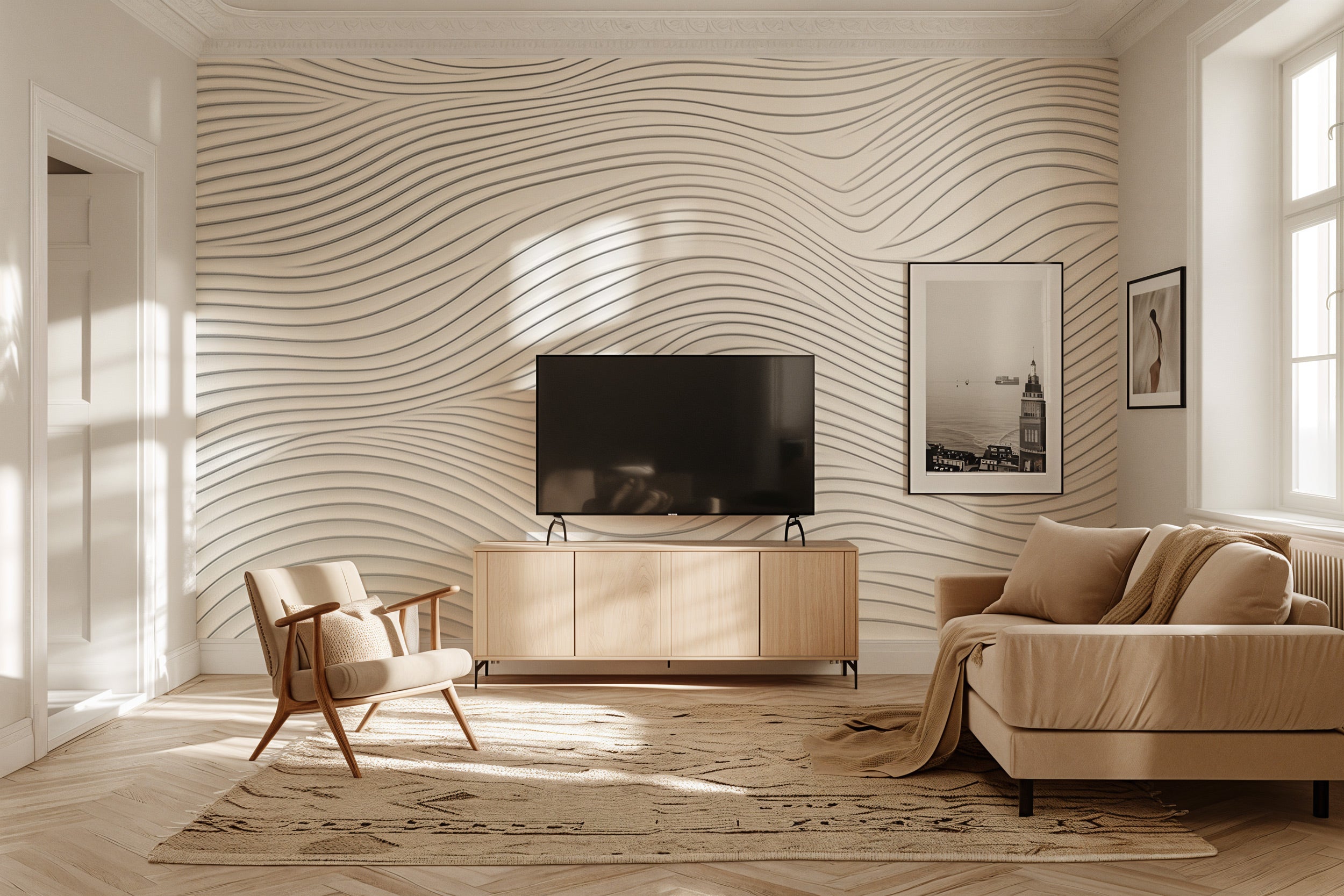 Abstract wave lines mural in a serene living room with a TV on a light wood console, beige sofa, and framed art in neutral to