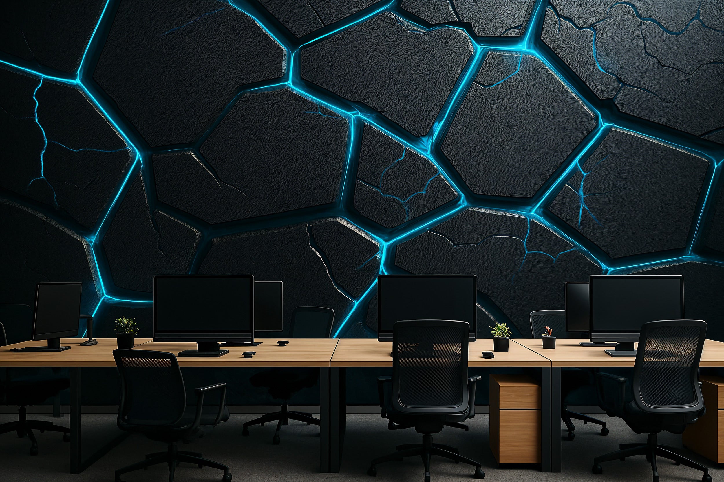 Futuristic hexagon mural with glowing cyan energy lines in a dark modern office backdrop with peel and stick wall art style a