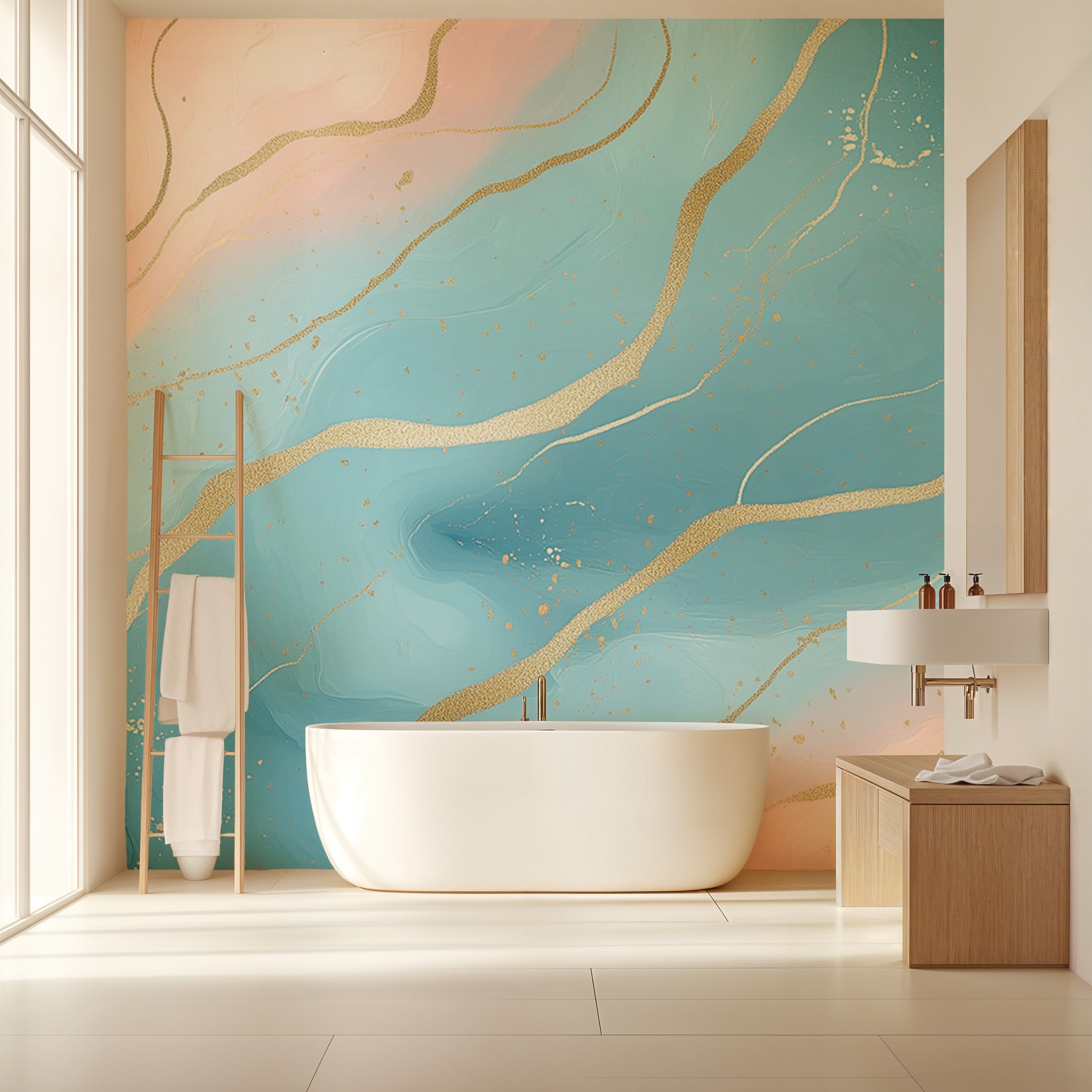 Blue pink abstract mural with gold veining in a modern bathroom featuring a freestanding tub and minimal wooden accents