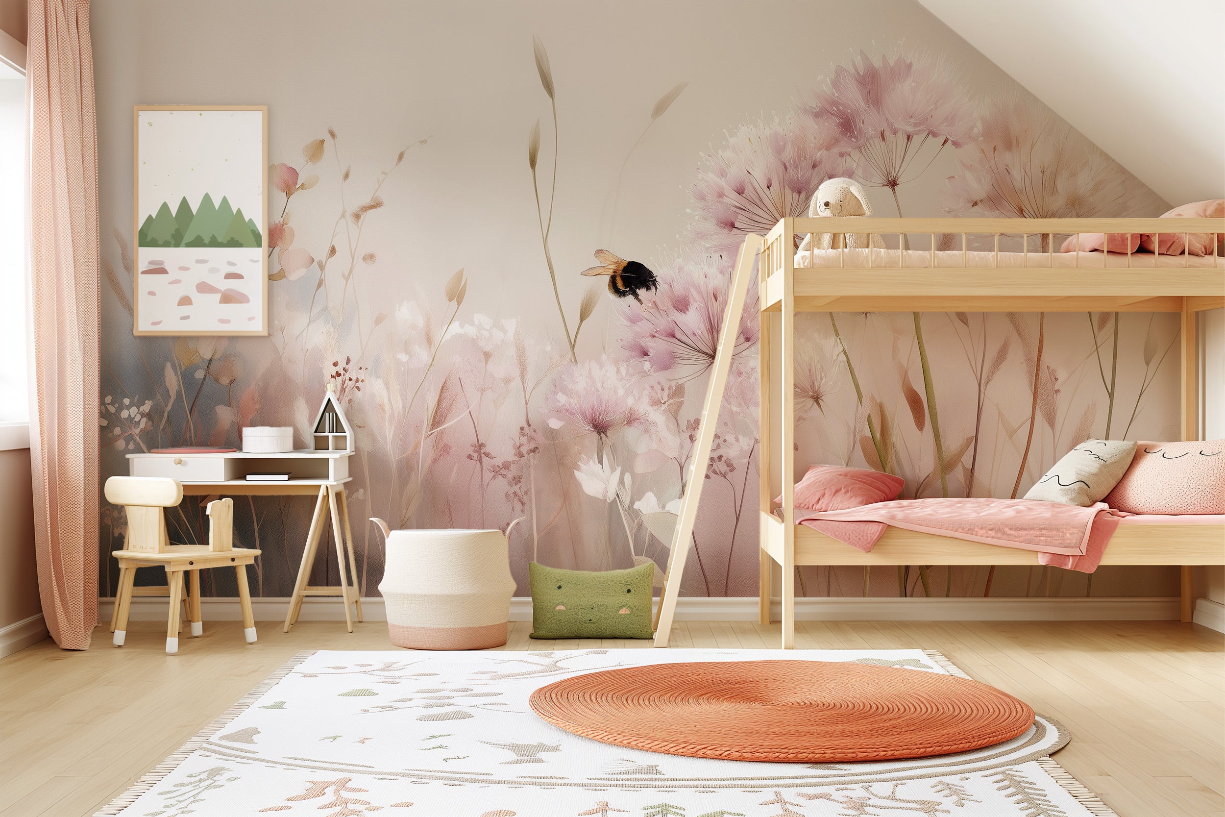 Pink wildflower meadow mural with dandelions and a bee in a dreamy watercolor nursery featuring soft pink tones and a wood bu
