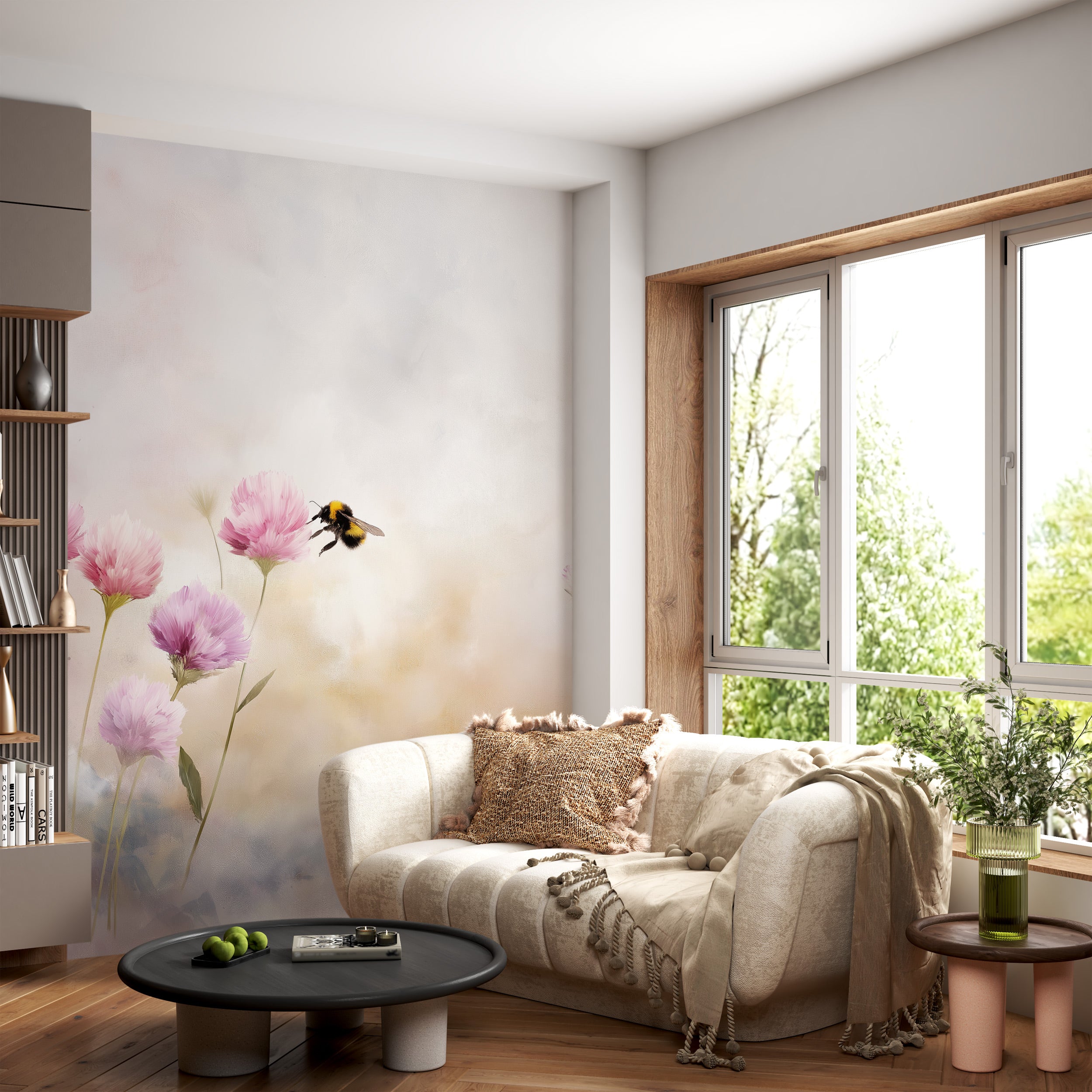Watercolor meadow mural with pink cosmos flowers and a flying bumblebee in a bright, cozy living room setting with soft paste