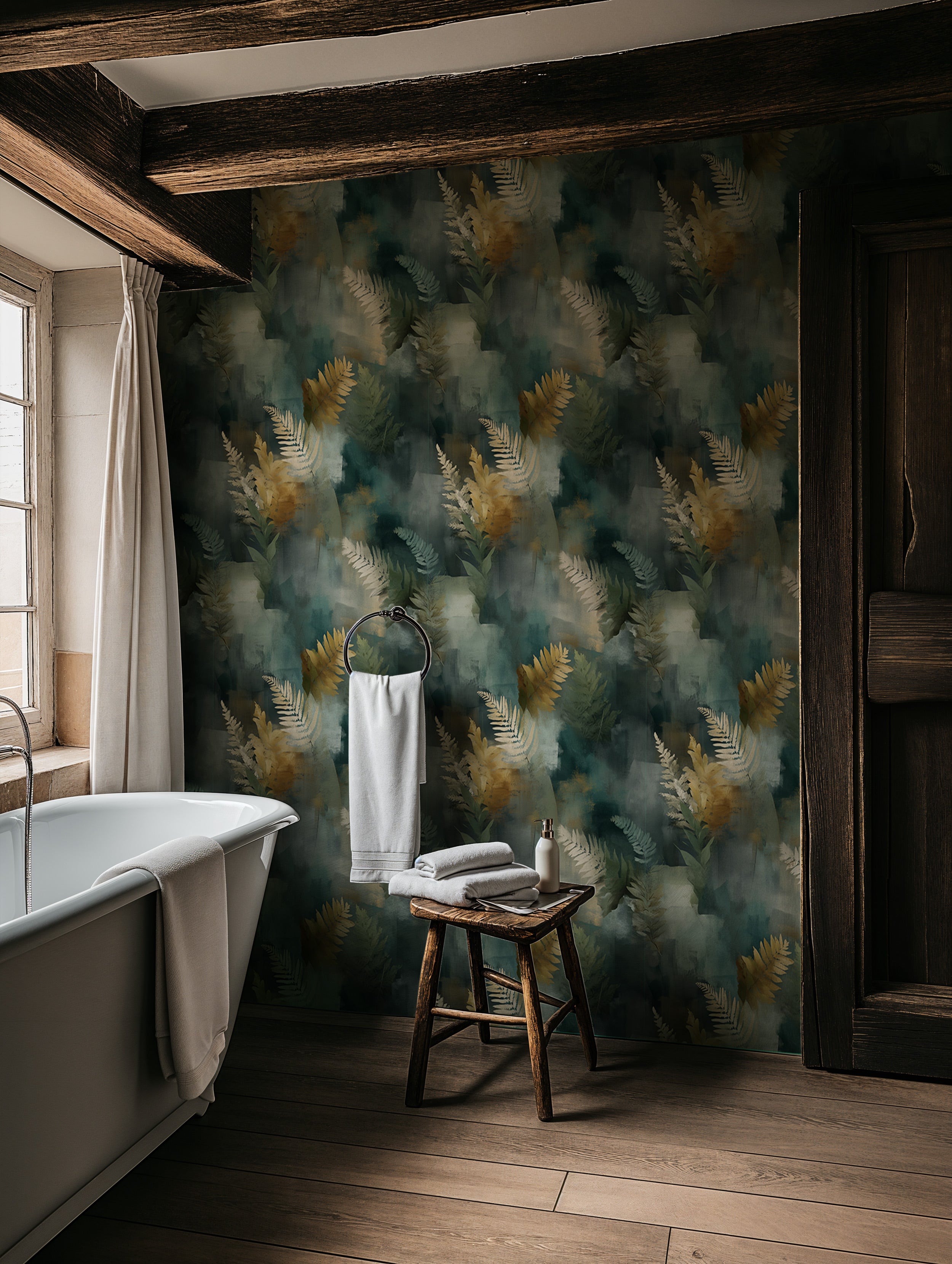 Abstract watercolor botanical wallpaper with golden ferns on teal background in a cozy bathroom setting with a clawfoot tub