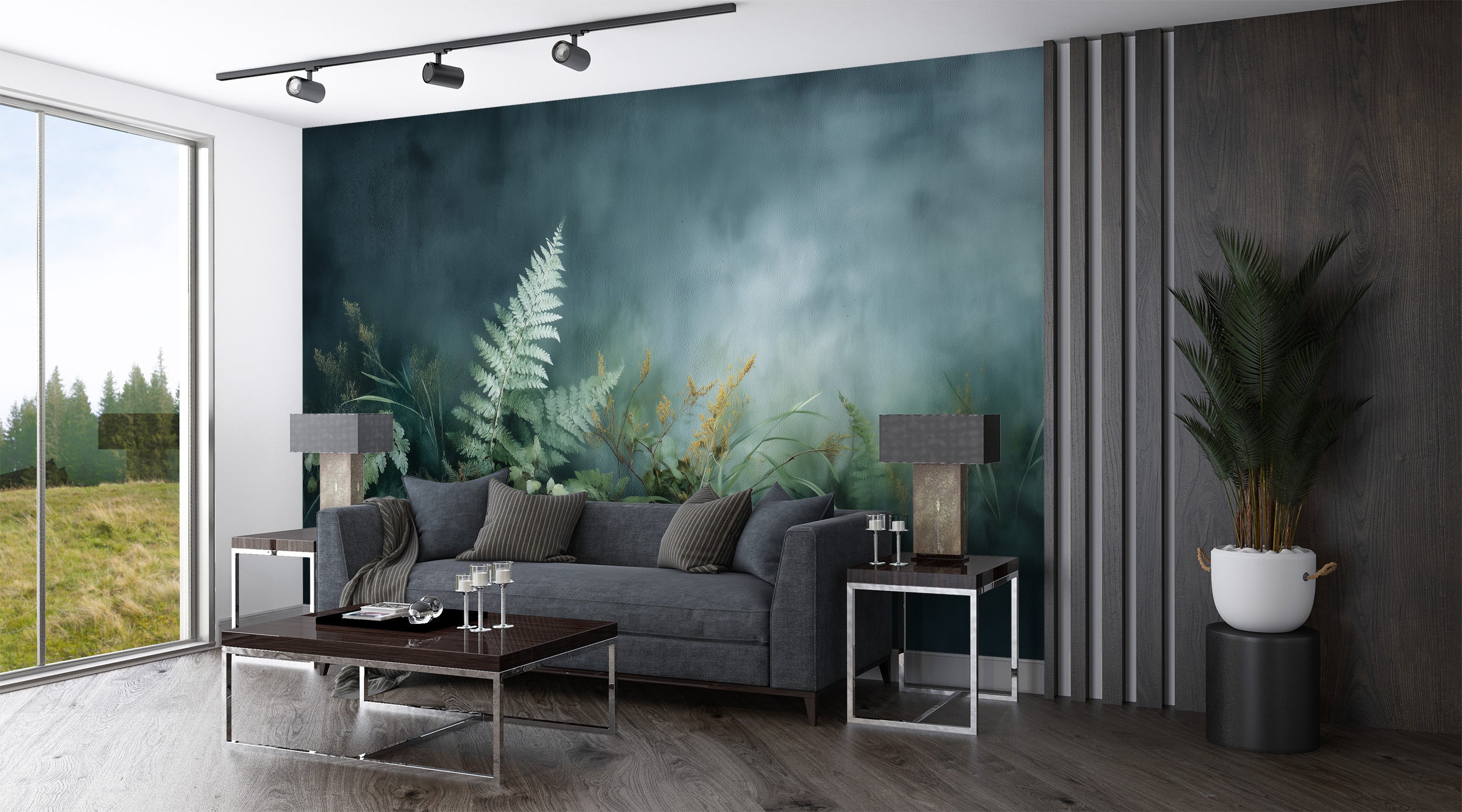 Botanical forest mural with ferns on a teal misty backdrop in a modern living room setting with gray sofa and greenery