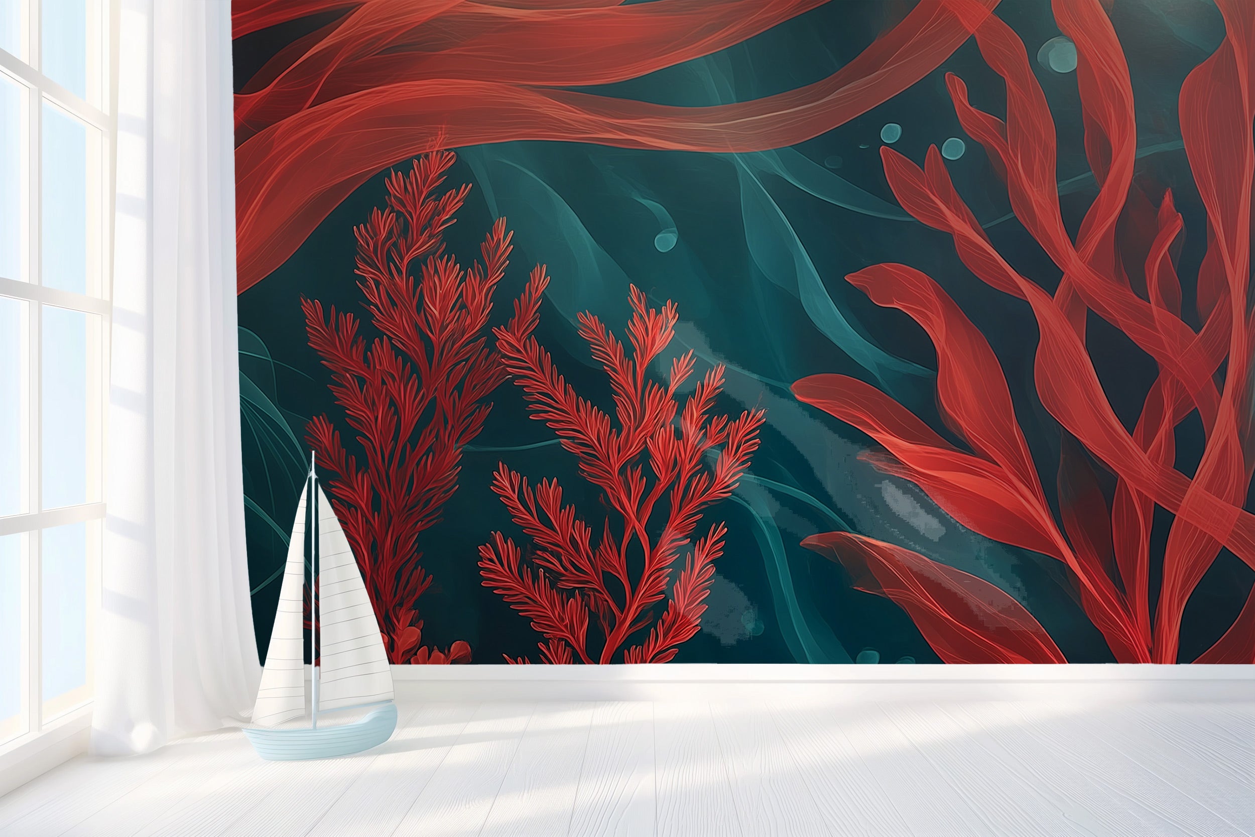 Underwater seaweed coral mural with teal background featuring flowing red seaweed and coral accents for ocean botanical wall