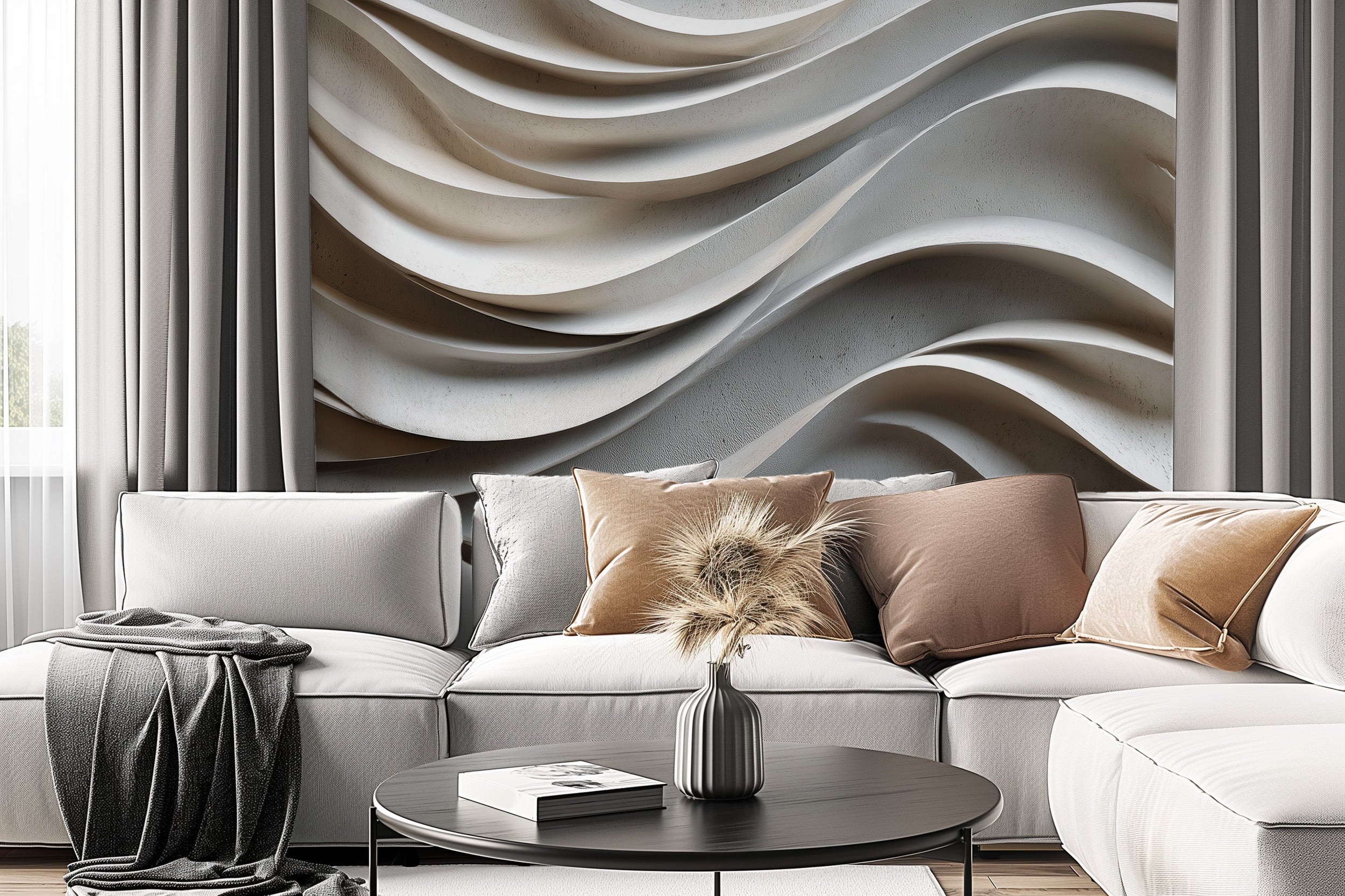 Neutral-toned 3D wave mural with sculptural flowing curves on living room wall, beige white gray palette behind a light sofa