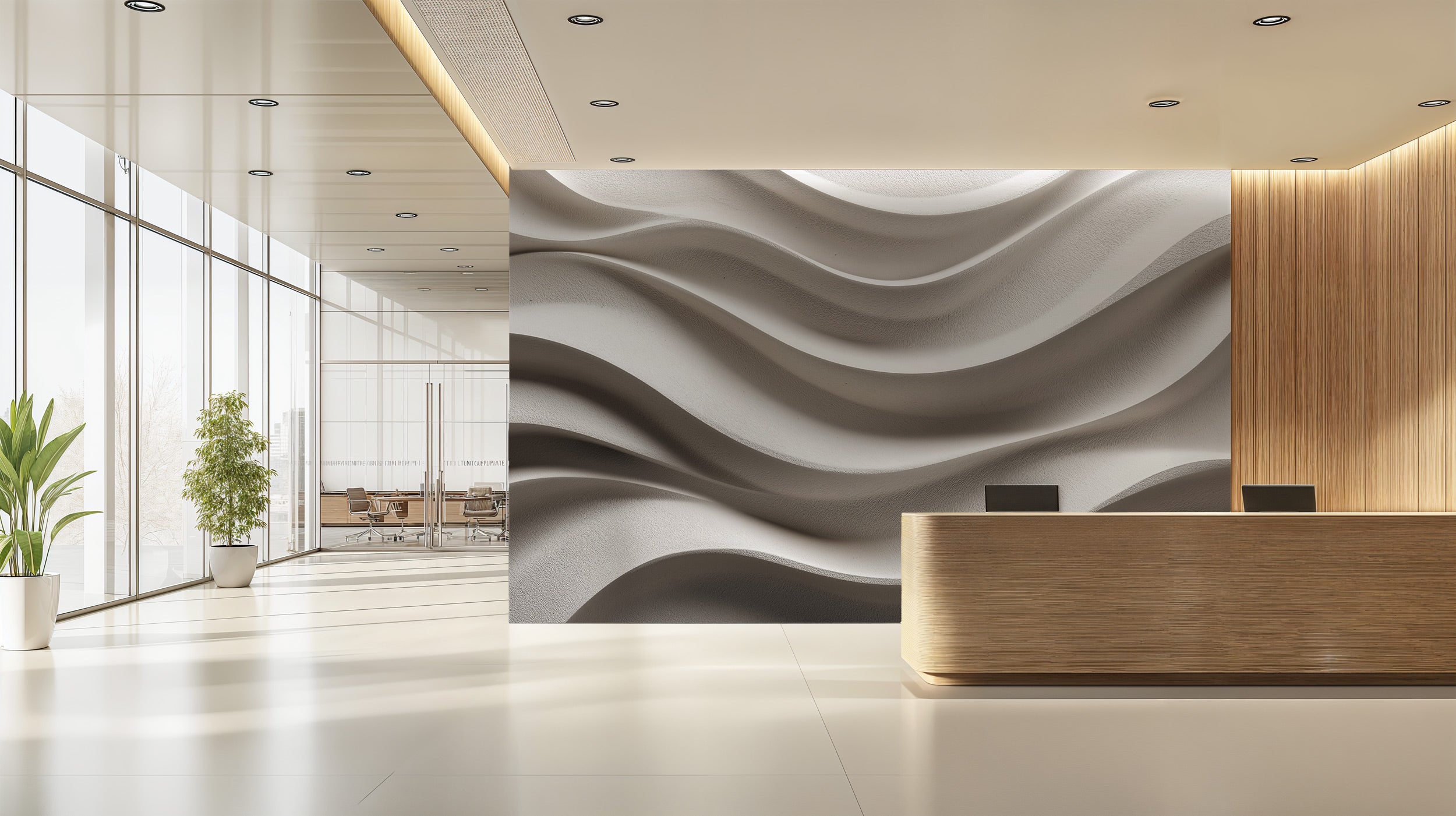 Abstract concrete wave mural in a modern beige lobby with flowing 3D textures, neutral wall decor, and a sculptural reception