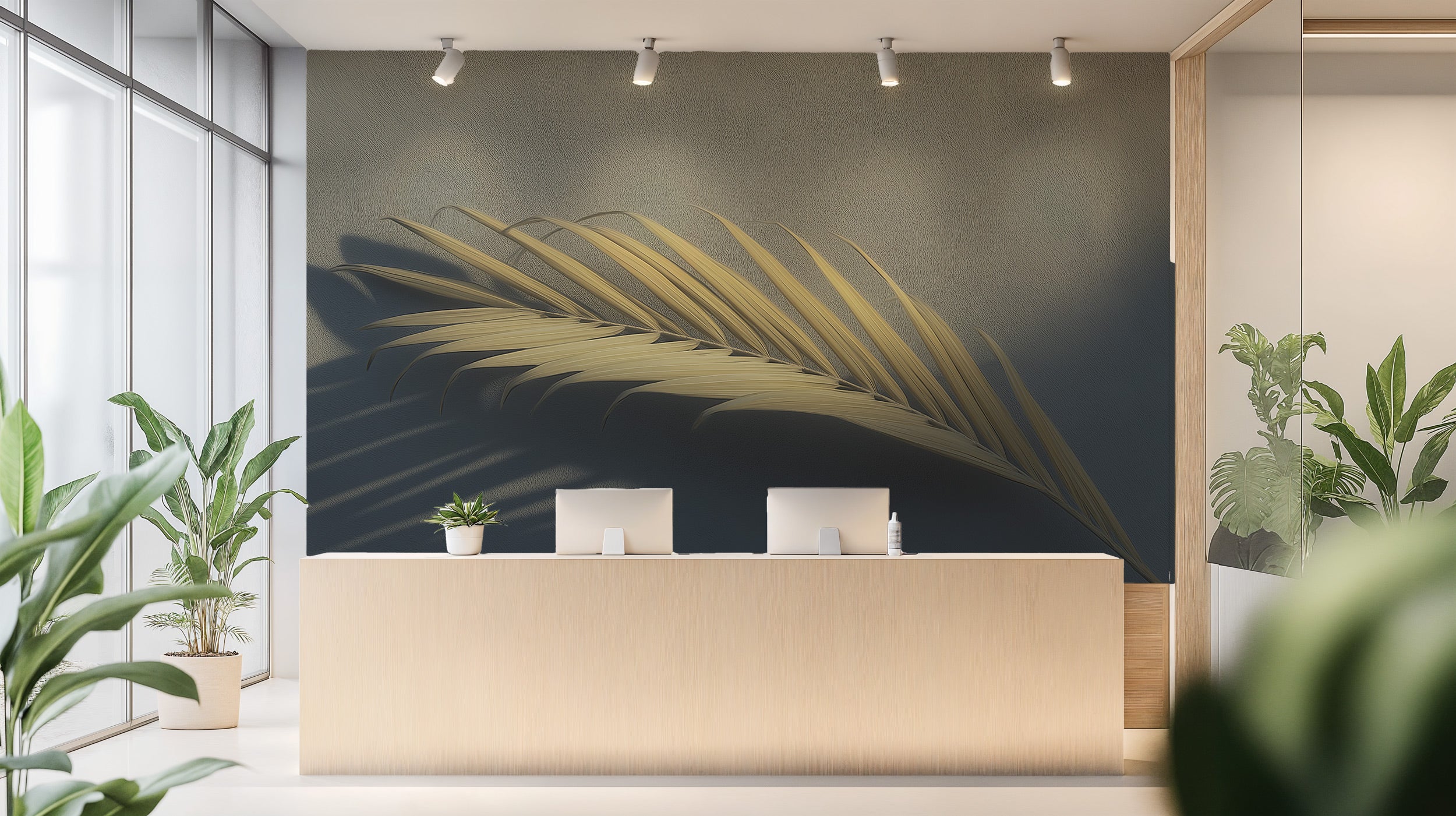 Golden palm leaf mural wallpaper in a modern neutral reception area with dramatic shadows and soft beige-gold tones plus lush