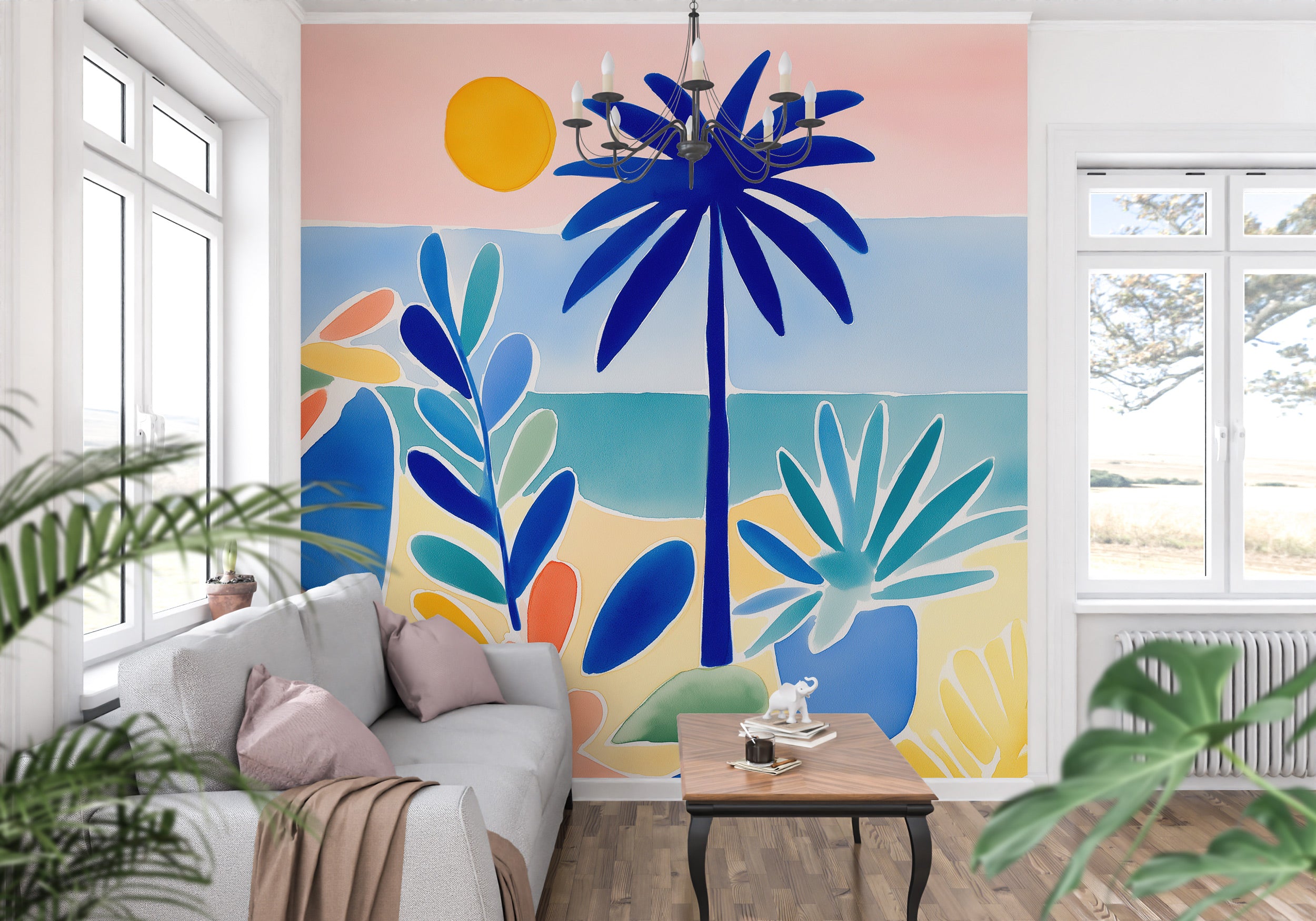 Vibrant tropical paradise mural with bold blue palm tree, abstract foliage, sunset sky in pink and orange, beach scene in tea