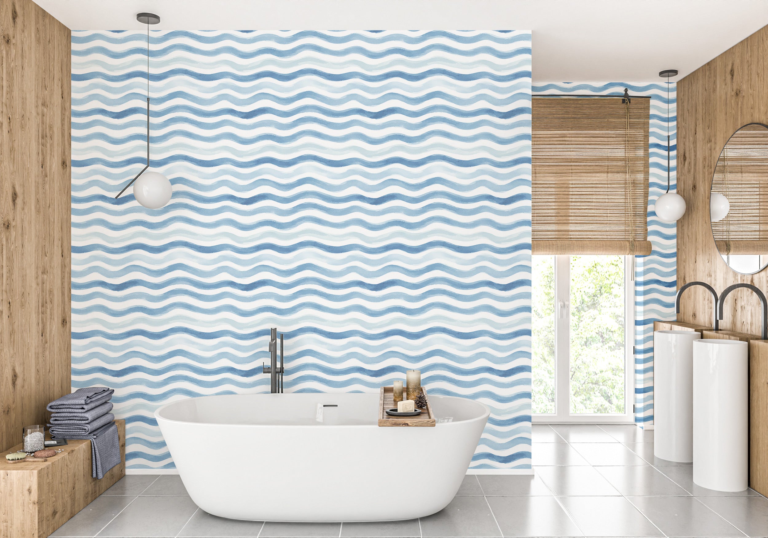 Blue watercolor wave pattern wallpaper in a modern bathroom with a freestanding tub and wooden accents, coastal spa vibe