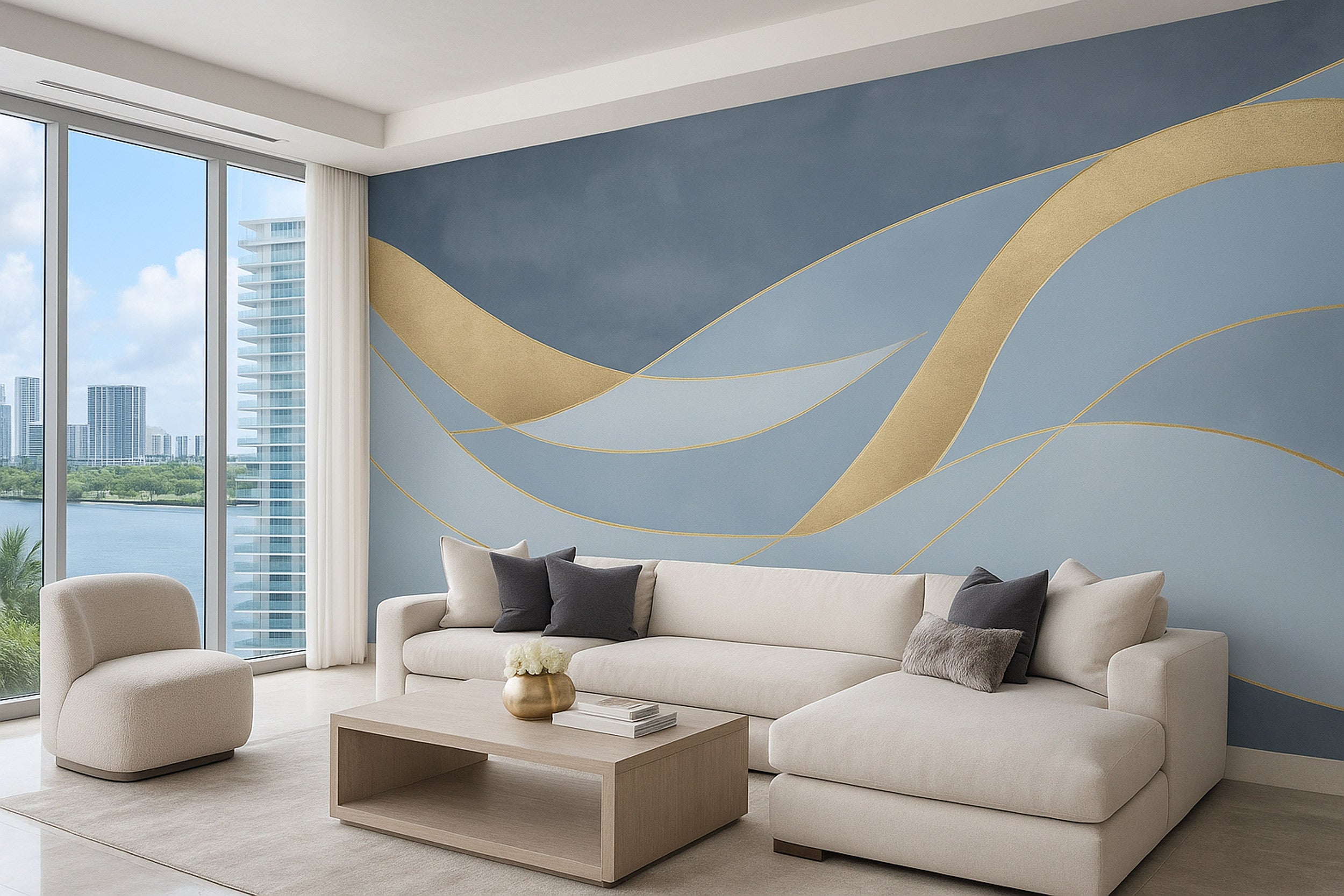 Abstract golden curves mural on blue grey wall in modern living room with beige sectional and light wood coffee table