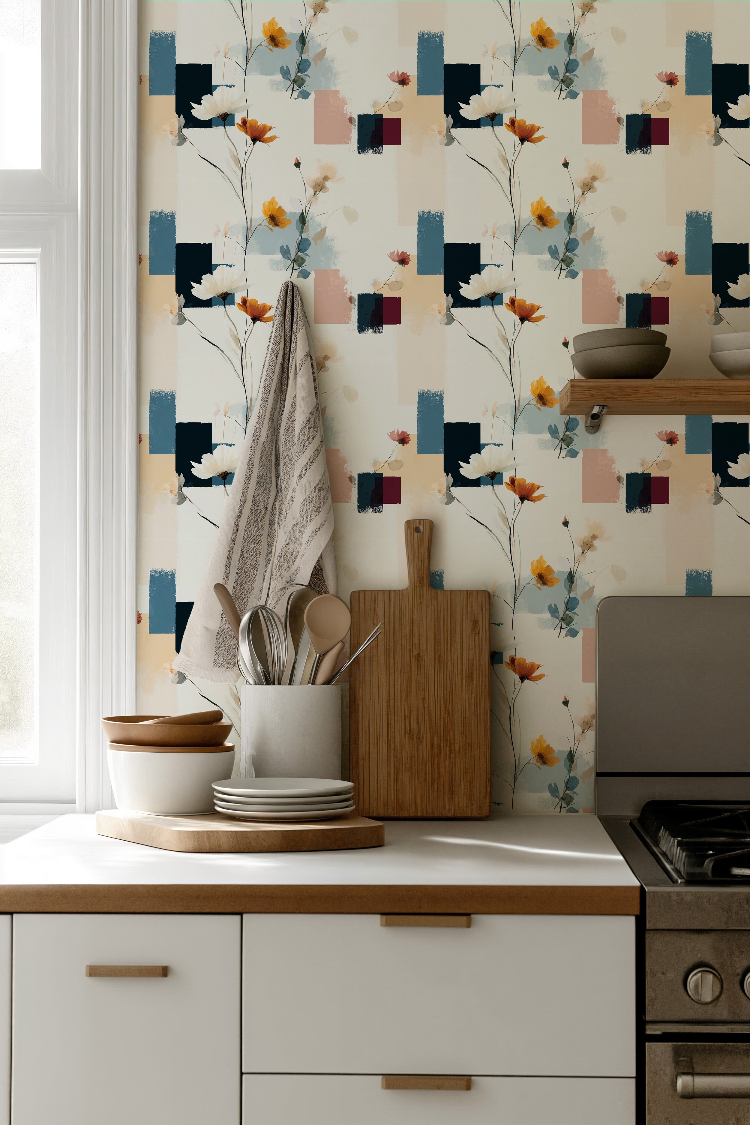 Abstract floral wallpaper with geometric shapes and cosmos flowers in navy teal burgundy and coral tones visible in a modern