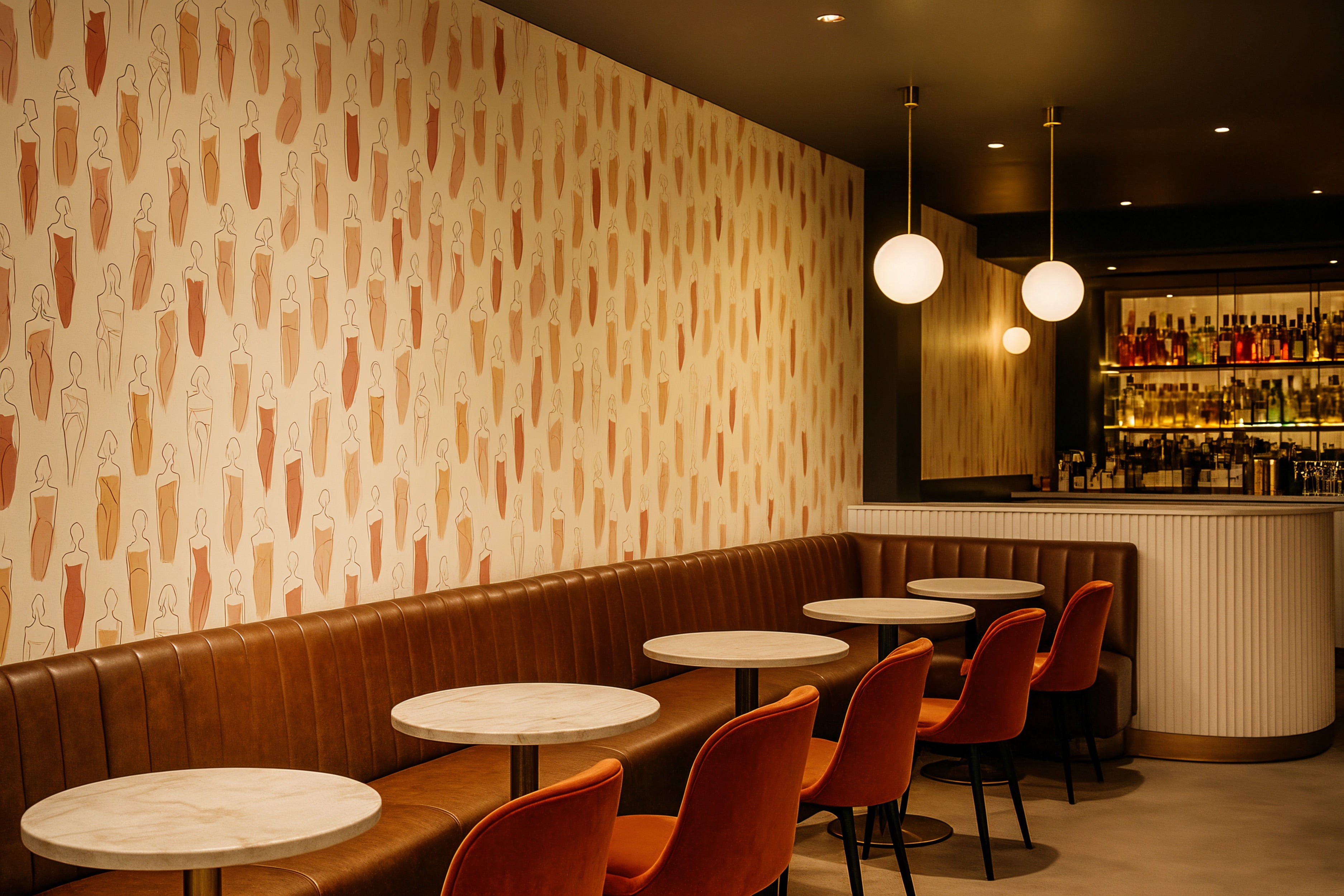 Fashion figure wallpaper with warm terracotta and rose silhouettes in a chic bar lounge setting with marble tables and orange