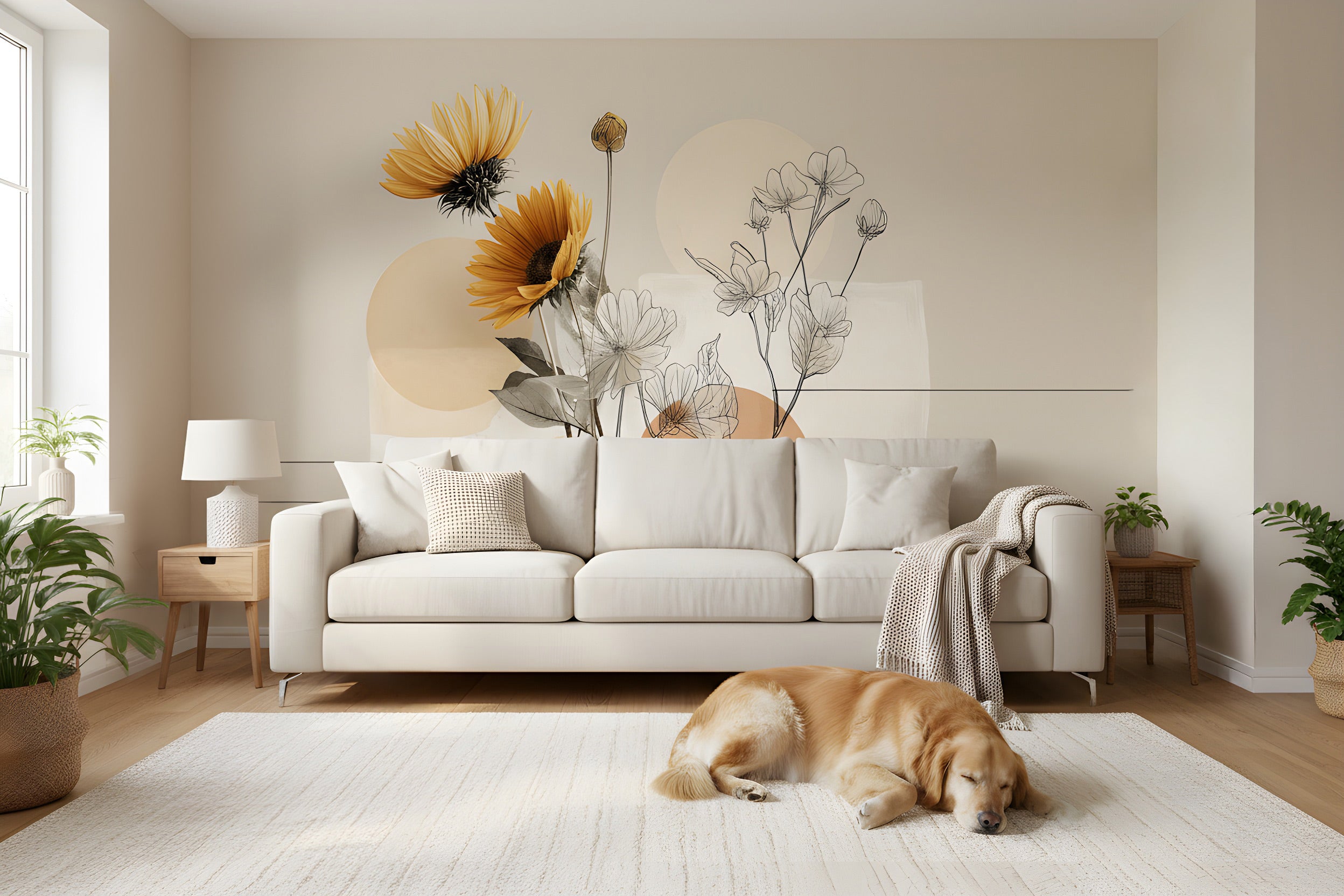 Soft beige living room with a large abstract floral mural featuring bright orange sunflowers and line-drawn blossoms behind a light sofa, neutral