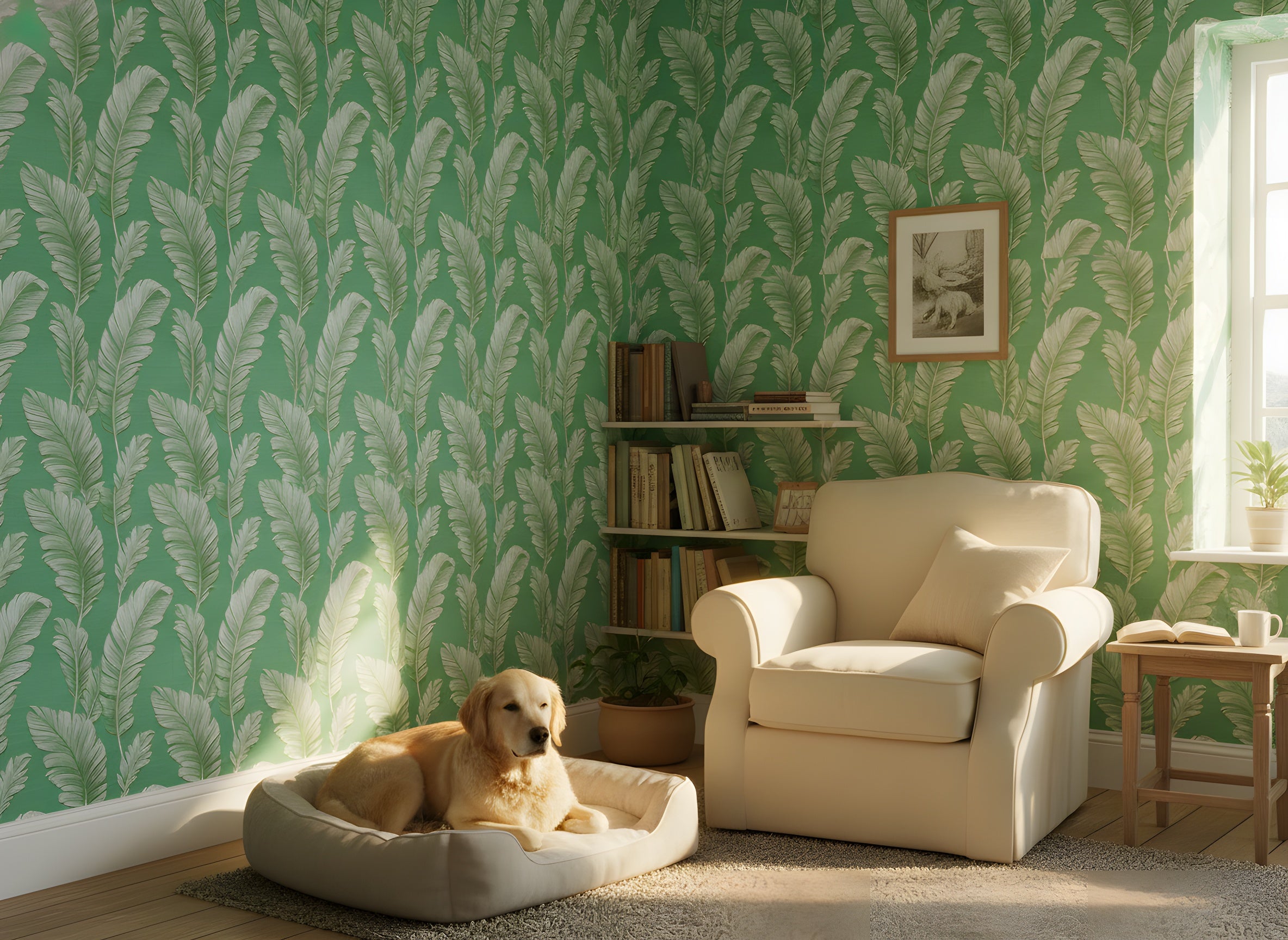 A cozy living room with emerald green palm leaf wallpaper, cream armchair, wooden side table, and a golden retriever resting near a soft pet bed under