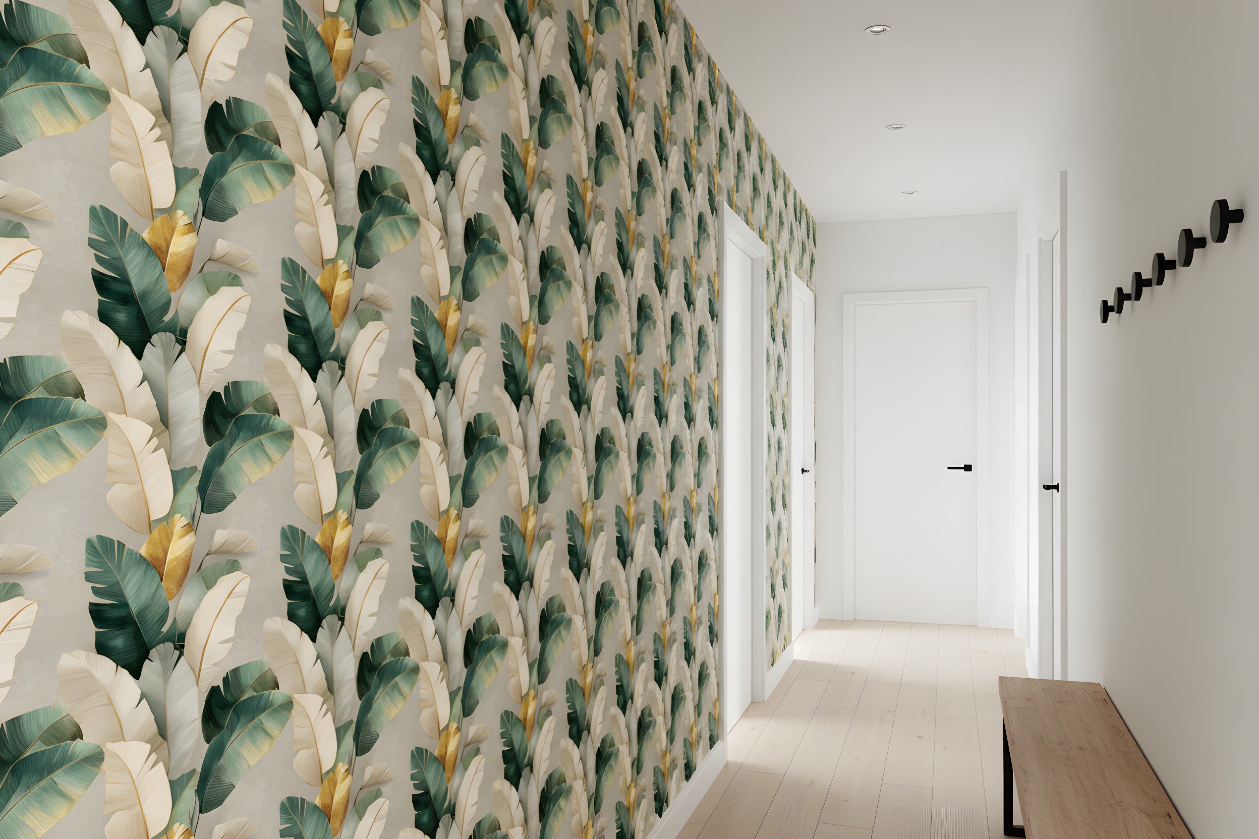Long hallway with tropical leaf wallpaper in emerald green cream and gold accents, peel and stick design showcasing bold botanical pattern across the