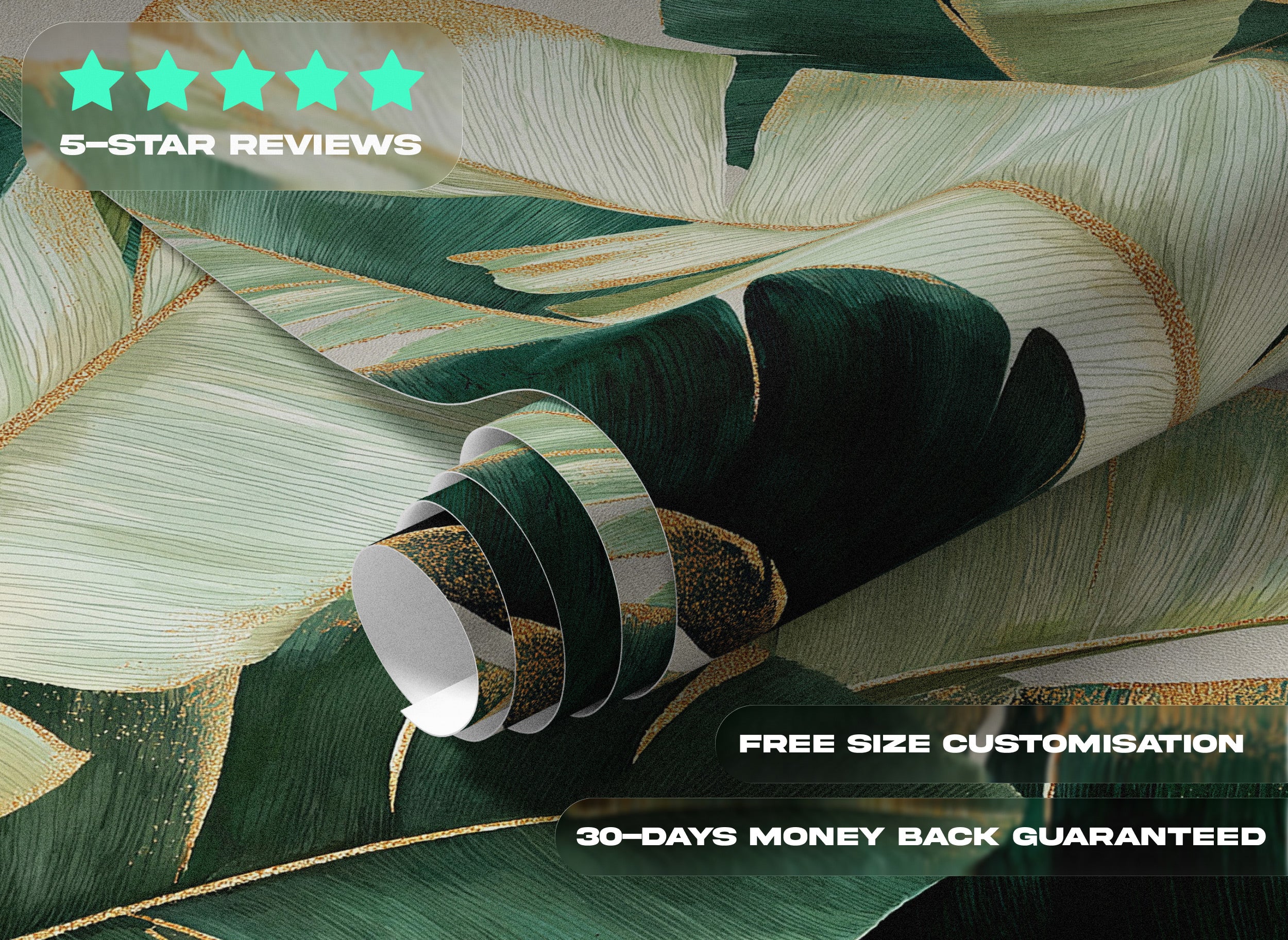 Lush emerald and sage tropical banana leaf mural with gold detailing in a rolled peel and stick wall art design for a luxurious living space