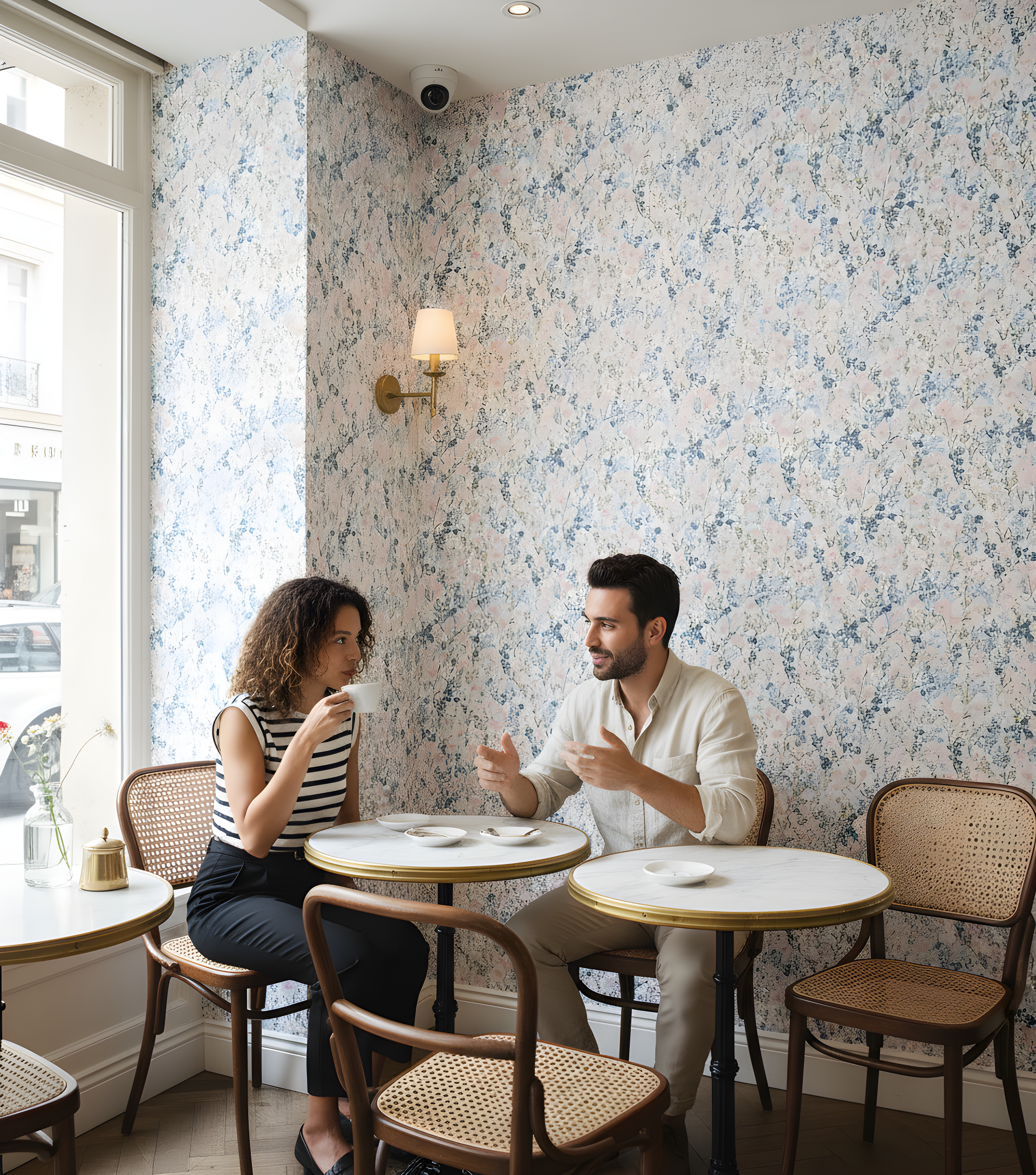 A cozy cafe scene with two people seated at marble-topped tables, pastel blue and pink wildflower patterned wallpaper on the