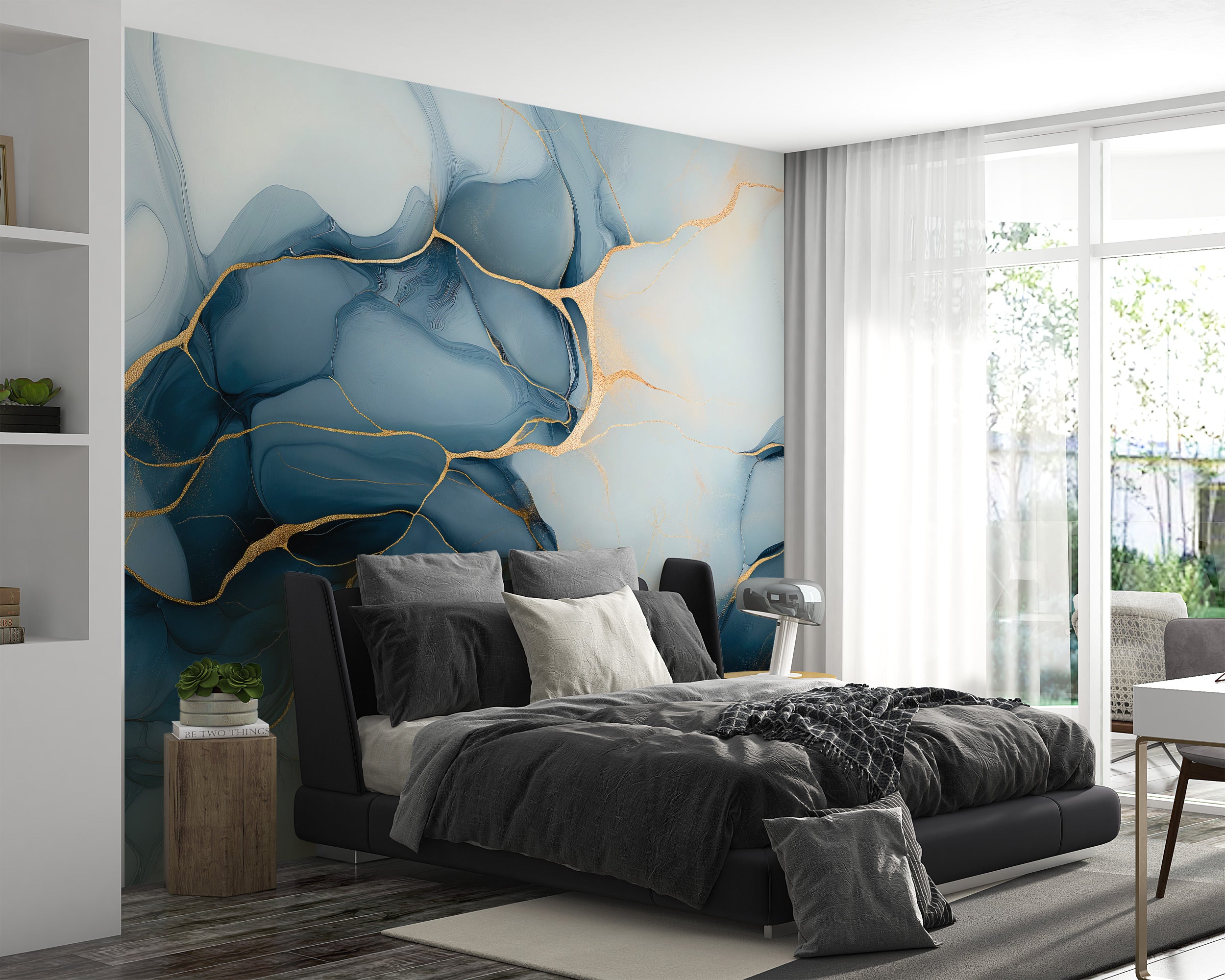 Blue abstract marble mural with gold veins wall decor in a modern bedroom feature wall with navy to powder blue hues and refl