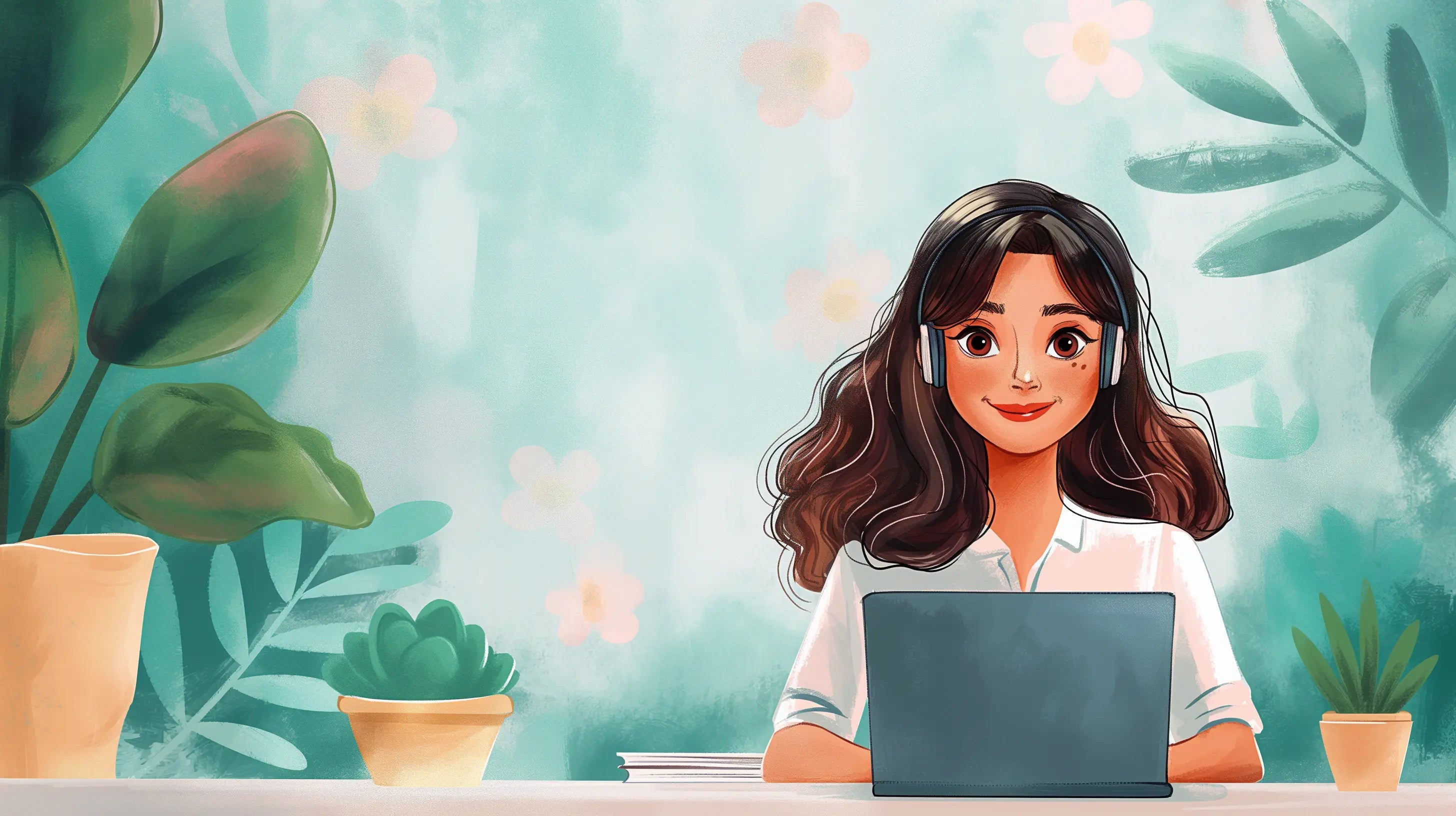 A young brunette woman with headphones working on a laptop, surrounded by plants and flowers in a watercolour style